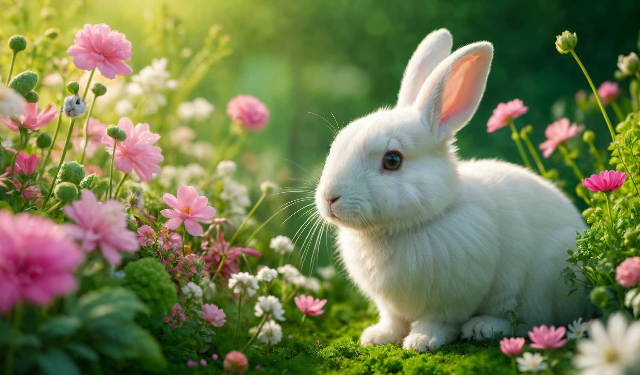 A white bunny is sitting on a grassy field with pink flowers.