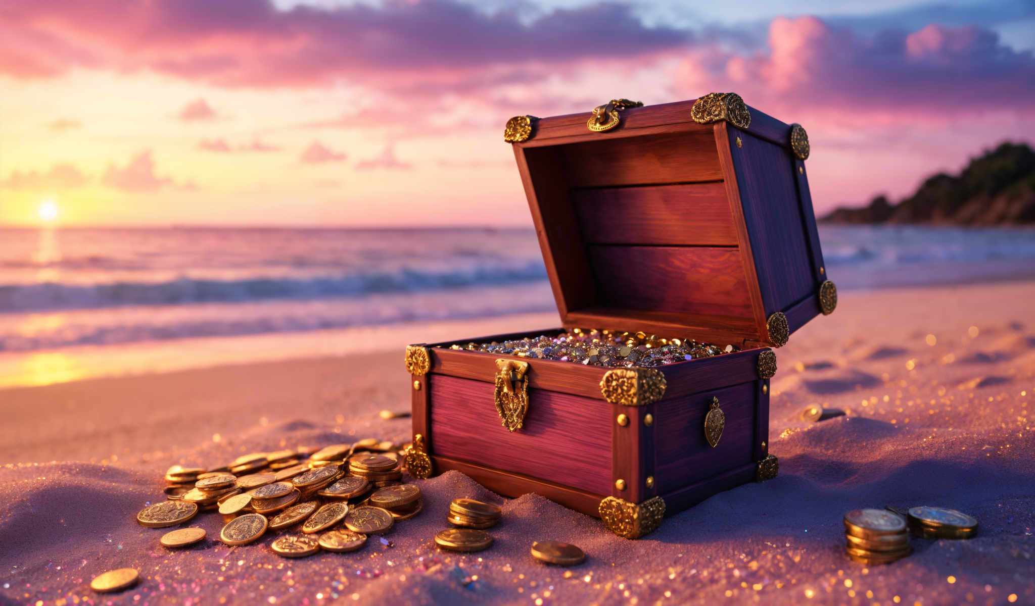 A wooden chest filled with gold coins sits on a beach at sunset.