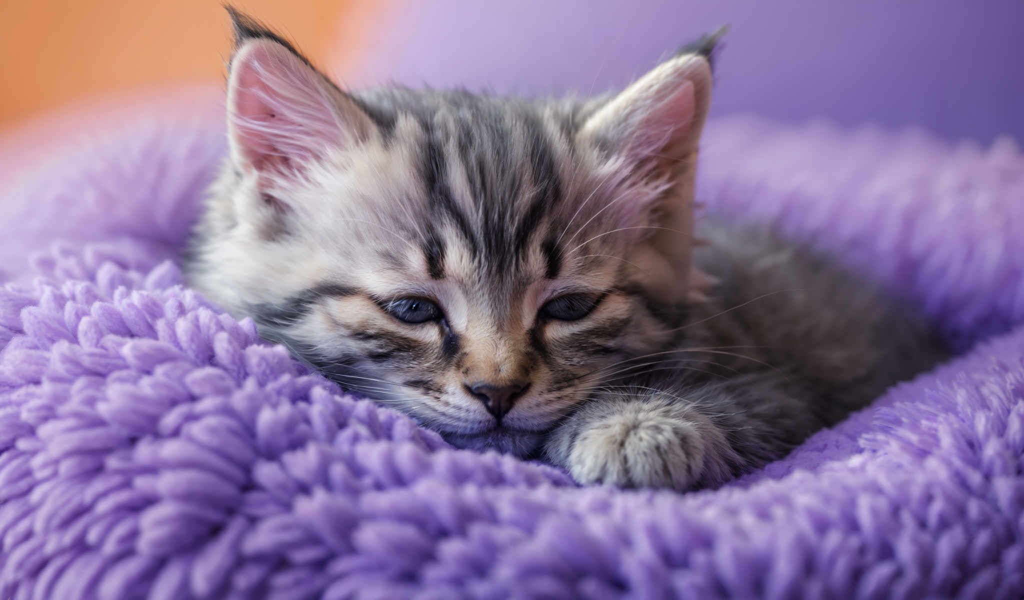 A gray and white kitten is sleeping on a purple blanket. The kitten is curled up with its head resting on the blanket. Its eyes are closed and it appears to be in a peaceful slumber. The blanket is soft and fluffy providing a comfortable bed for the kitten. The colors of the kitten and the blanket contrast nicely creating a visually pleasing image. This image captures a serene moment of a kitten's nap evoking feelings of warmth and tranquility.