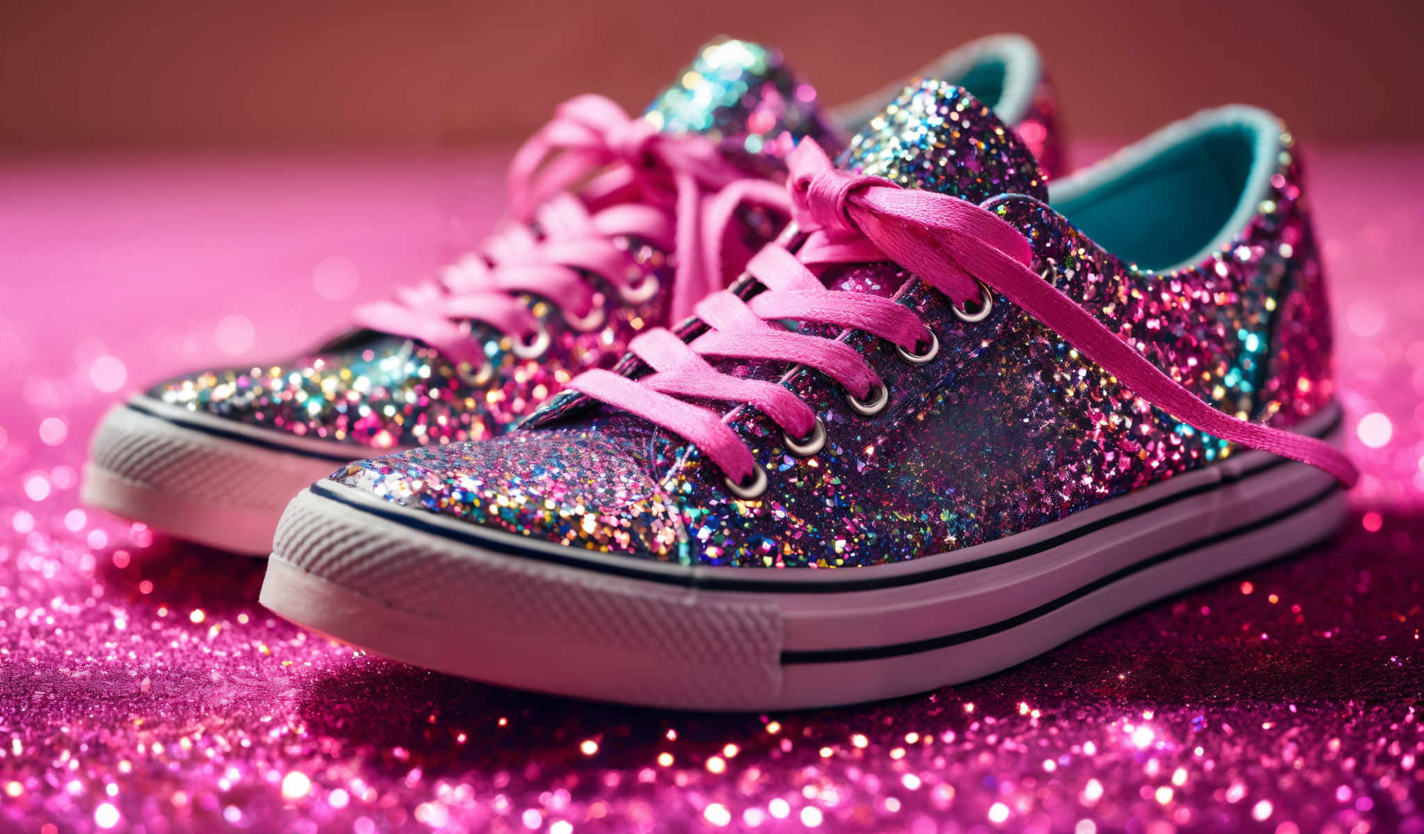 A pair of pink and blue glittery sneakers.