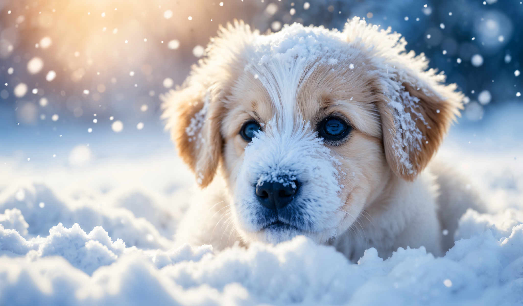 A golden retriever puppy with blue eyes is covered in snow.