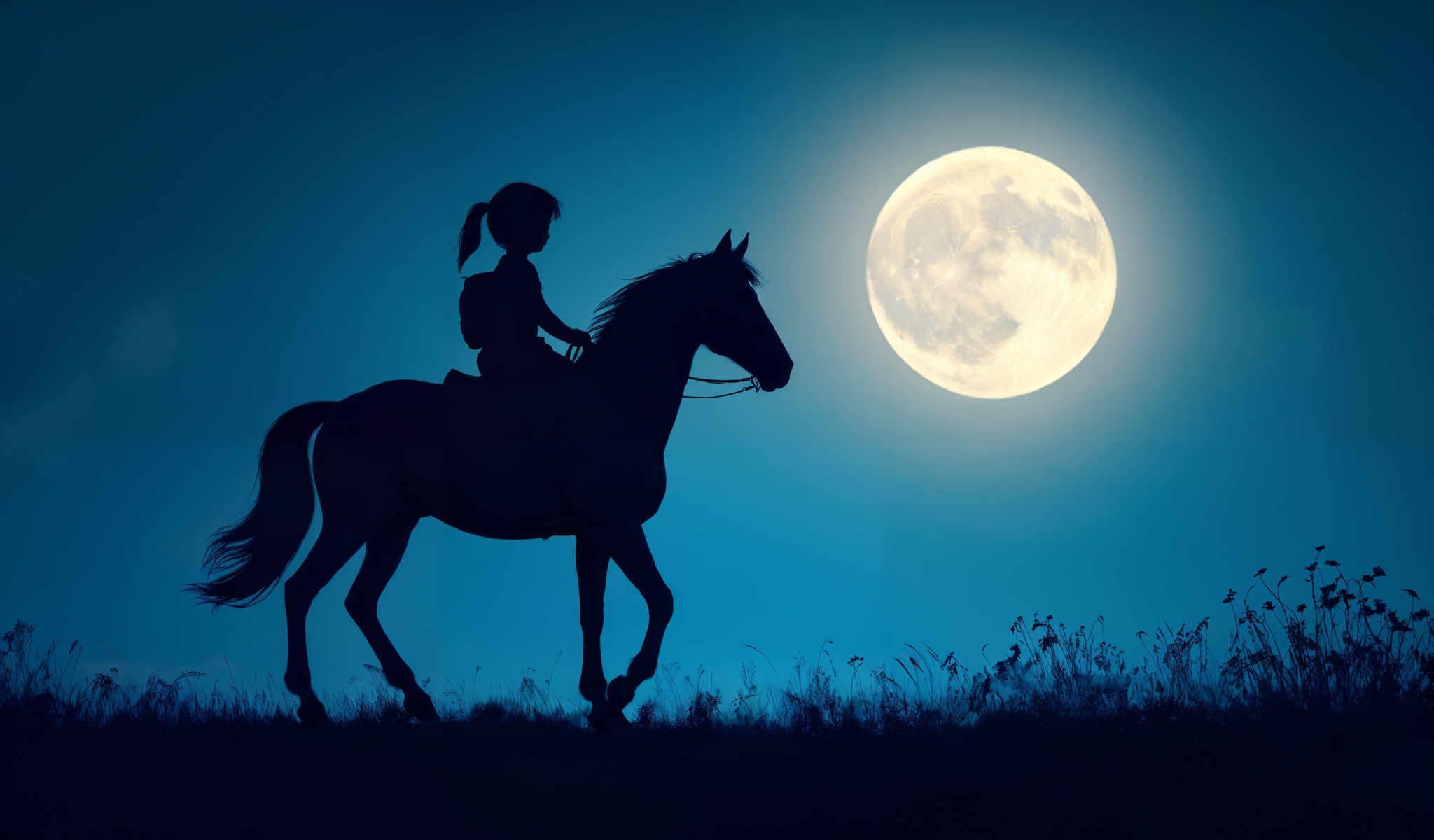 A girl is riding a horse under a full moon.