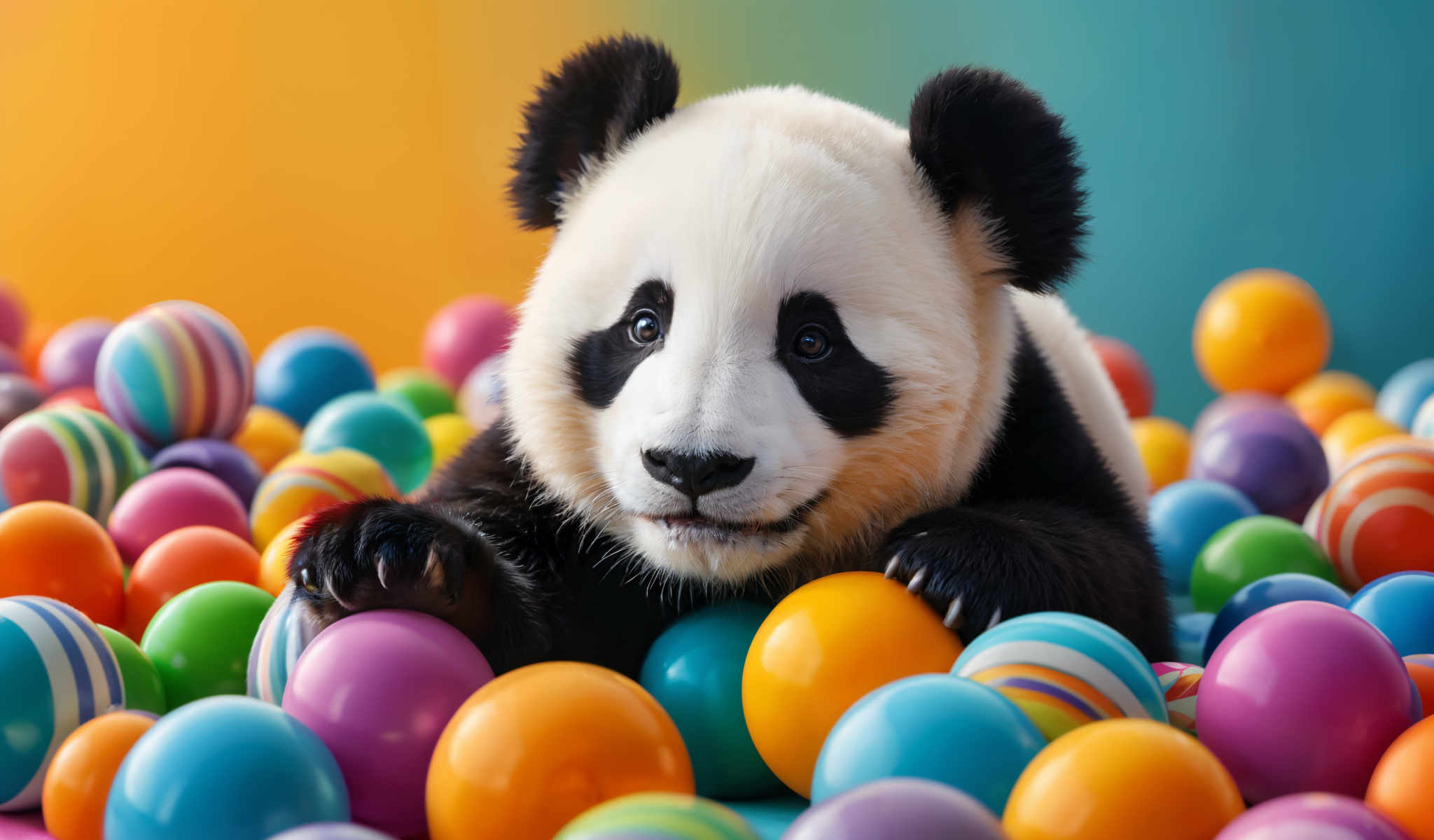 A black and white panda is surrounded by colorful balls.