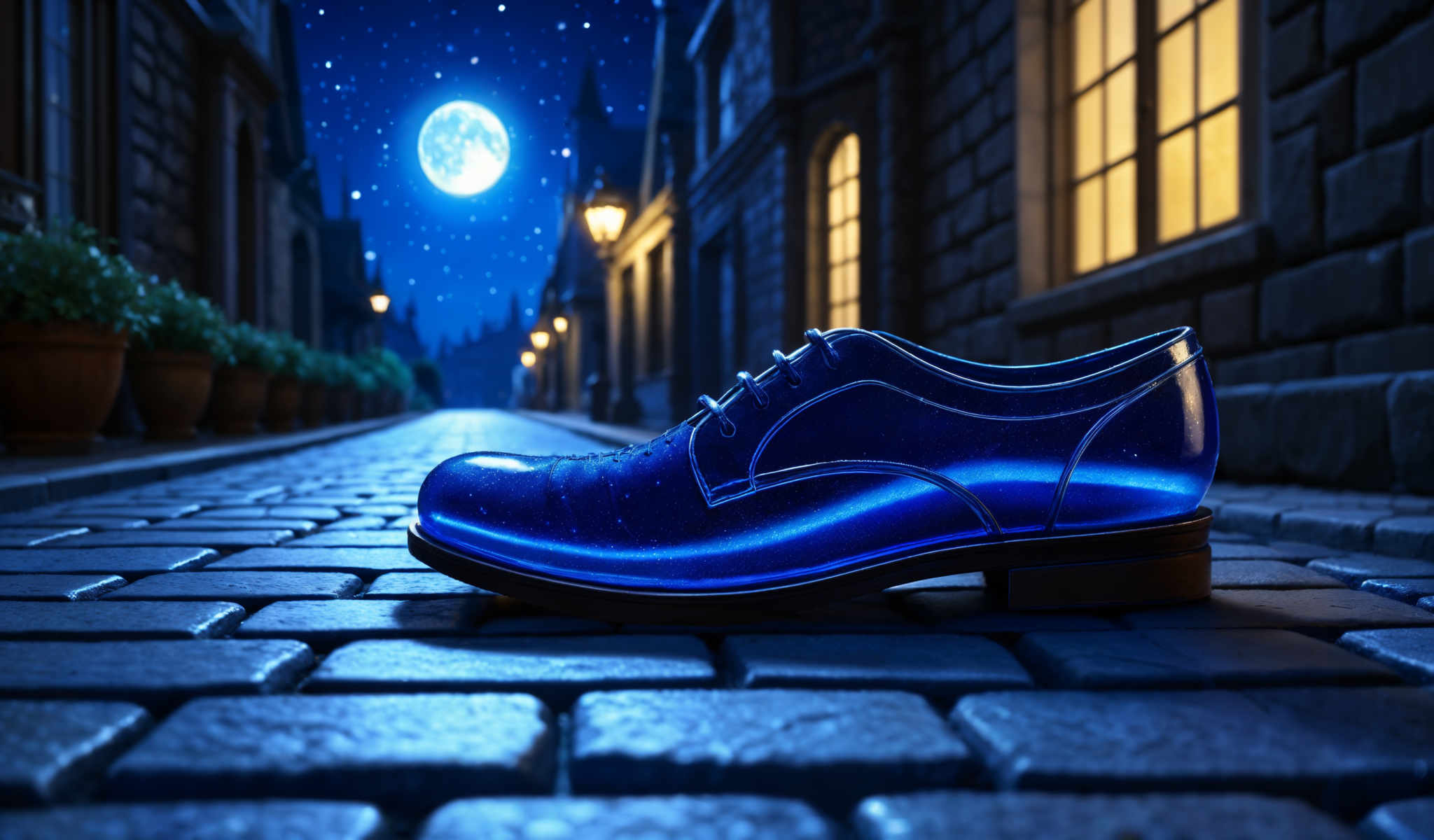 A blue shoe is on a cobblestone street at night.