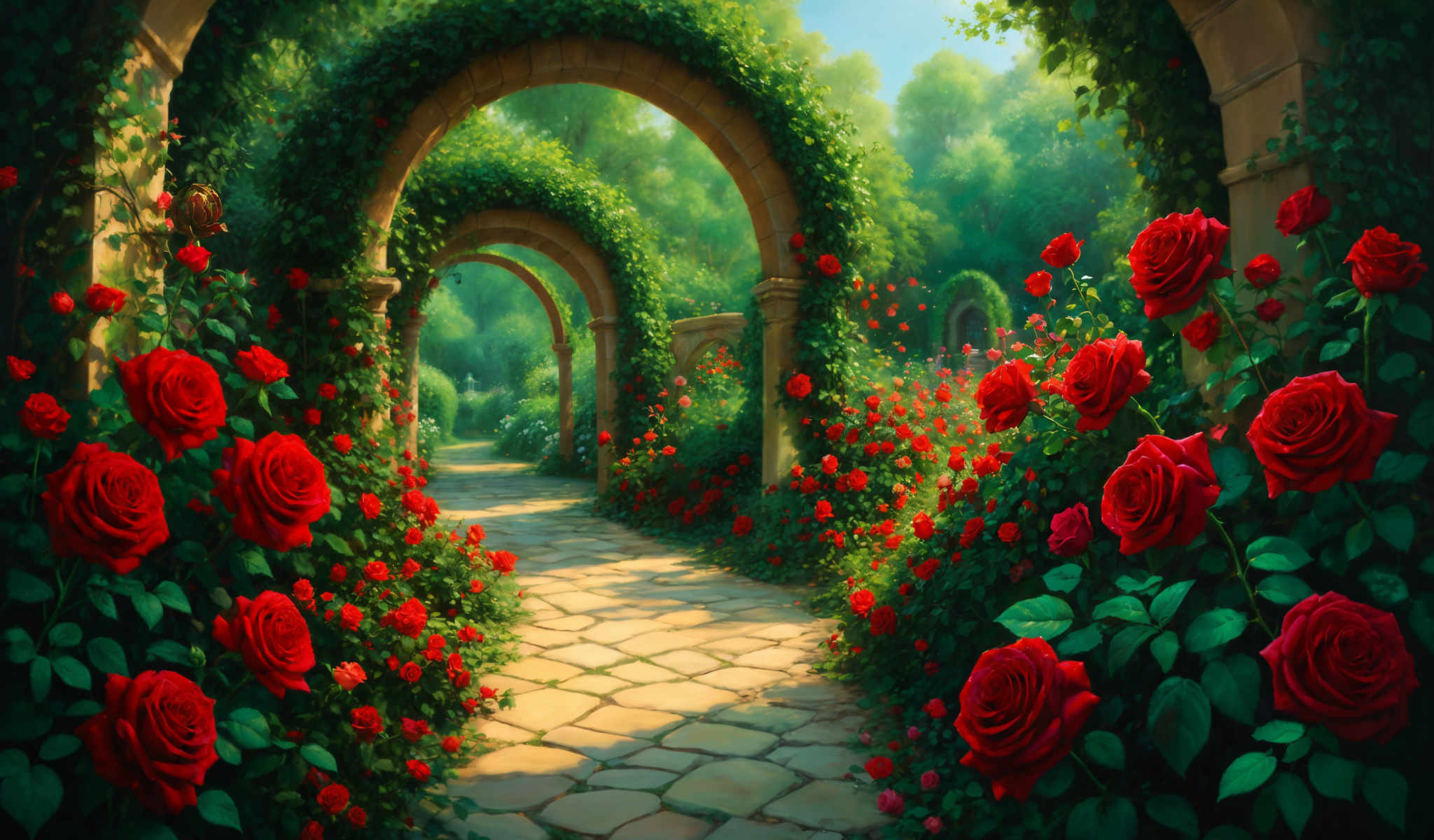 A beautiful garden scene with a brick path arches and roses.