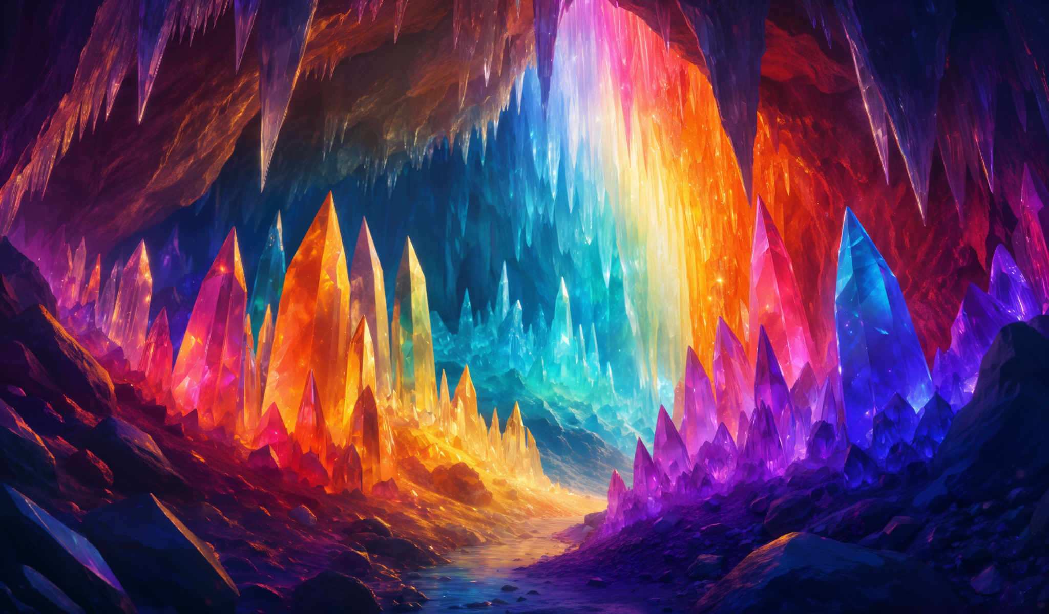 A digital image of a cave with a rainbow of colors.