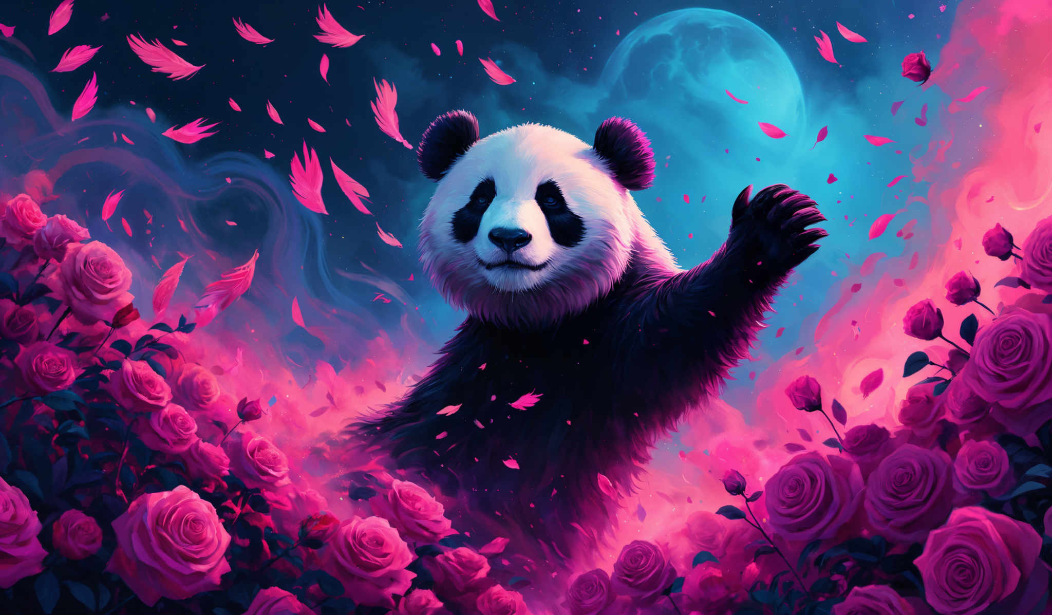 The image showcases a vibrant and colorful scene. Dominating the center is a panda, standing amidst a sea of pink roses. The panda appears to be reaching out with one of its paws, as if beckoning or waving. Surrounding the panda are pink feathers, possibly from a bird, floating in the air. The background is a mesmerizing blend of deep blues and purples, with a hint of a celestial body, possibly a moon, visible in the distance. The entire scene is bathed in a magical glow, creating an ethereal and dreamlike atmosphere.