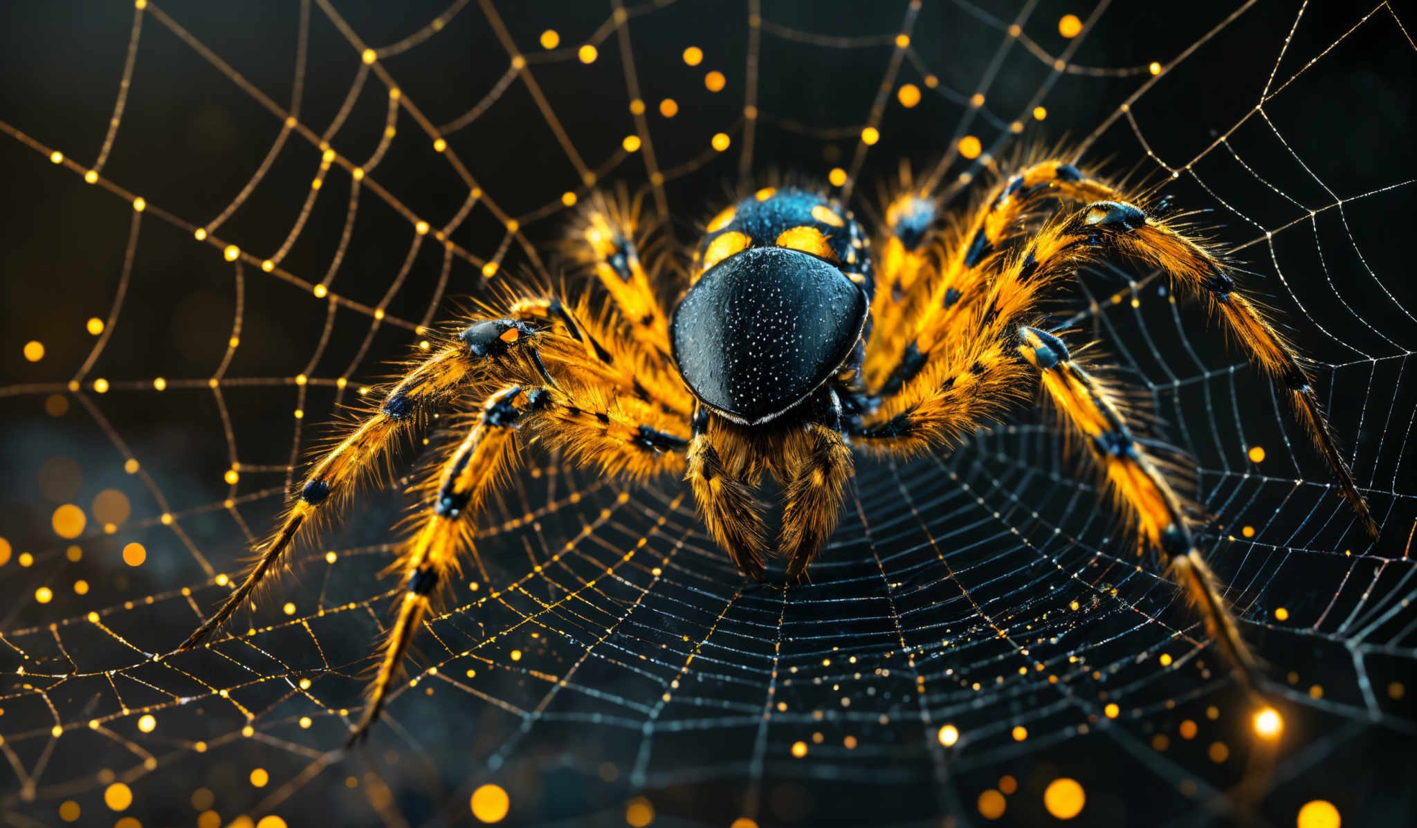 The image showcases a vibrant and detailed depiction of a spider and its web. The spider has a unique coloration with a combination of black, yellow, and blue on its body. The web is intricately designed with golden-yellow light emanating from it, giving it a glowing appearance. The background is dark, which accentuates the luminescence of the web and the spider.