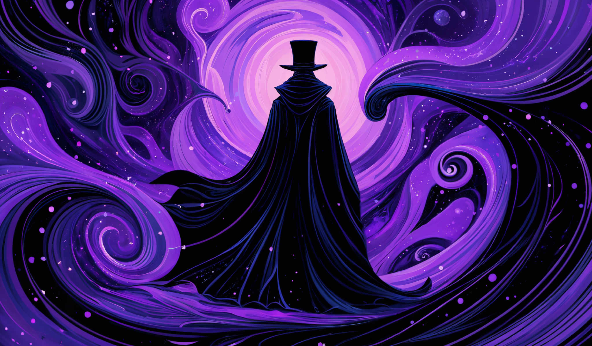 The image predominantly features shades of purple, ranging from deep violet to lighter lavender. The swirling patterns in the background are reminiscent of galaxies or nebulas, with bright white dots that could represent stars. The central figure is a silhouette of a person wearing a long cloak and a top hat. The cloak flows dramatically, and the top hat adds a touch of mystery to the figure. The overall composition gives a sense of depth and movement, as if the figure is standing at the edge of a cosmic void.