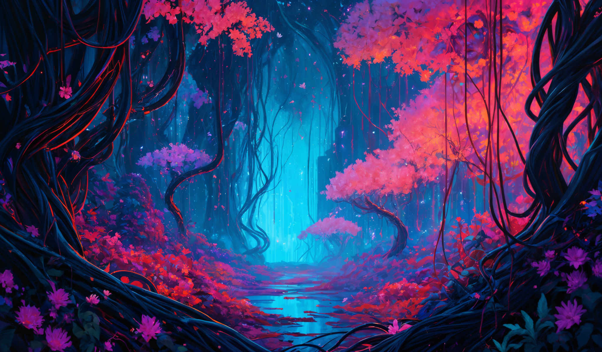 The image showcases a vibrant and mystical forest scene. Dominated by shades of blue, pink, and orange, the forest appears to be bathed in a soft, ethereal light. The trees have twisted and intertwined branches, creating a canopy that filters the light. Pink and orange blossoms hang from the branches, adding to the dreamy atmosphere. The ground is covered in a mix of fallen leaves and flowers, with a serene water stream meandering through the center. The overall impression is one of a magical, otherworldly forest.