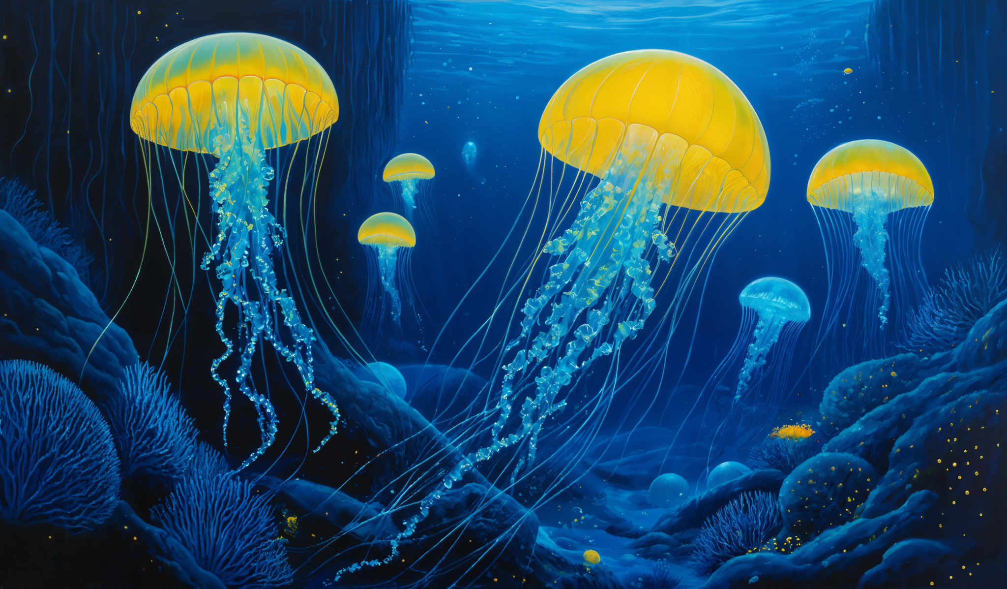 The image showcases a vibrant underwater scene dominated by luminescent jellyfish. The jelly fish have a translucent, almost ethereal quality with a radiant yellowish-orange hue. Their tentacles are long and delicate, trailing behind them in the water. The background is a deep blue, representing the vastness of the ocean. There are also various marine plants and corals, some of which are illuminated with a soft glow, adding depth and dimension to the scene.