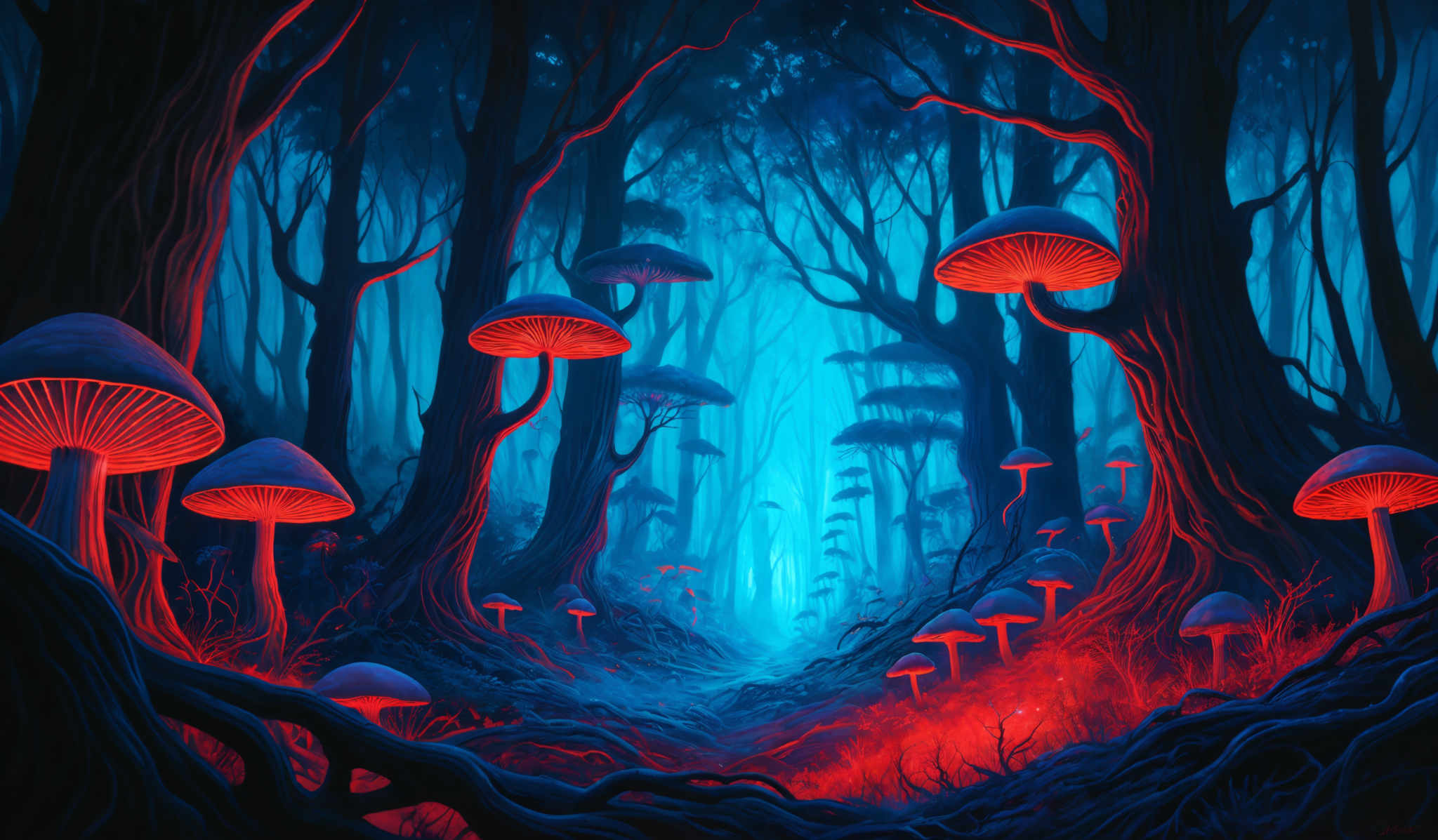 The image showcases a mystical forest with tall, slender trees that have gnarled and twisted trunks. The forest is illuminated by a soft blue light that filters through the trees, creating a serene and ethereal atmosphere. Floating amidst the trees are large, vibrant mushrooms with a luminescent red glow on their caps. The ground is covered in fallen leaves and small plants, and there's a sense of depth as the forest seems to recede into the distance.