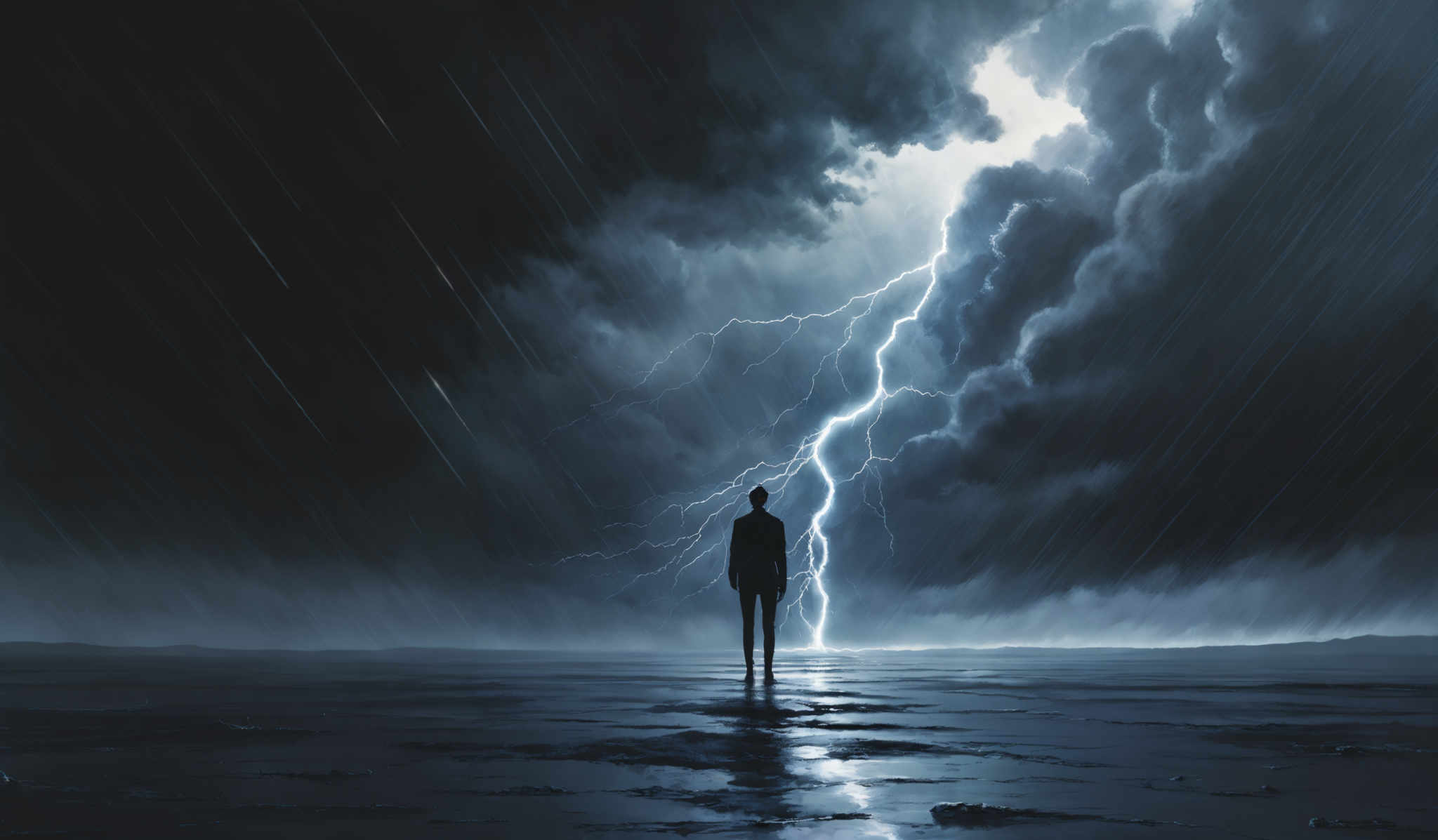 The image predominantly features dark and moody tones. The sky is filled with heavy, stormy clouds, and there's a vivid display of lightning striking down. The lightning bolt is bright white, contrasting sharply with the dark blue and gray of the clouds. Below, there'a silhouette of a person standing on what appears to be a wet, reflective surface, possibly a beach or a wetland. The person's reflection can be seen in the water, adding to the surreal and dramatic atmosphere of the scene.