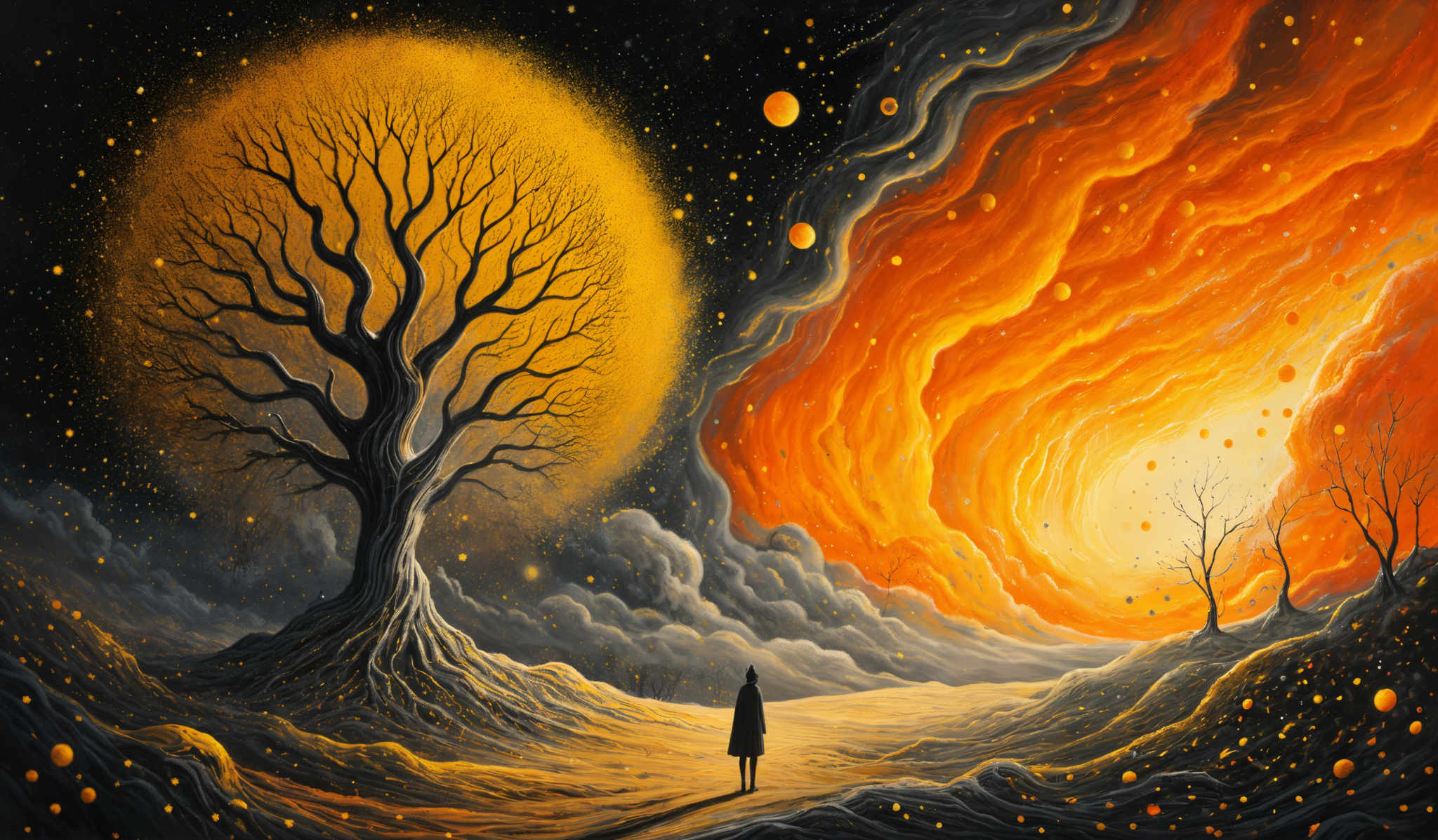 The image showcases a vibrant and surreal landscape. On the left, there's a large, leafless tree with a golden-yellow canopy, set against a backdrop of a starry night sky. The tree's roots extend outward, creating intricate patterns on the ground. On a pathway leading towards the right, a solitary figure stands, gazing at the magnificent view. The right side of the image is dominated by a swirling vortex of fiery orange and red, with a radiant light emanating from its center. This fiery element seems to be drawing everything towards it. The sky above is a deep black, punctuated by numerous glowing orbs, adding to the ethereal ambiance of the scene.