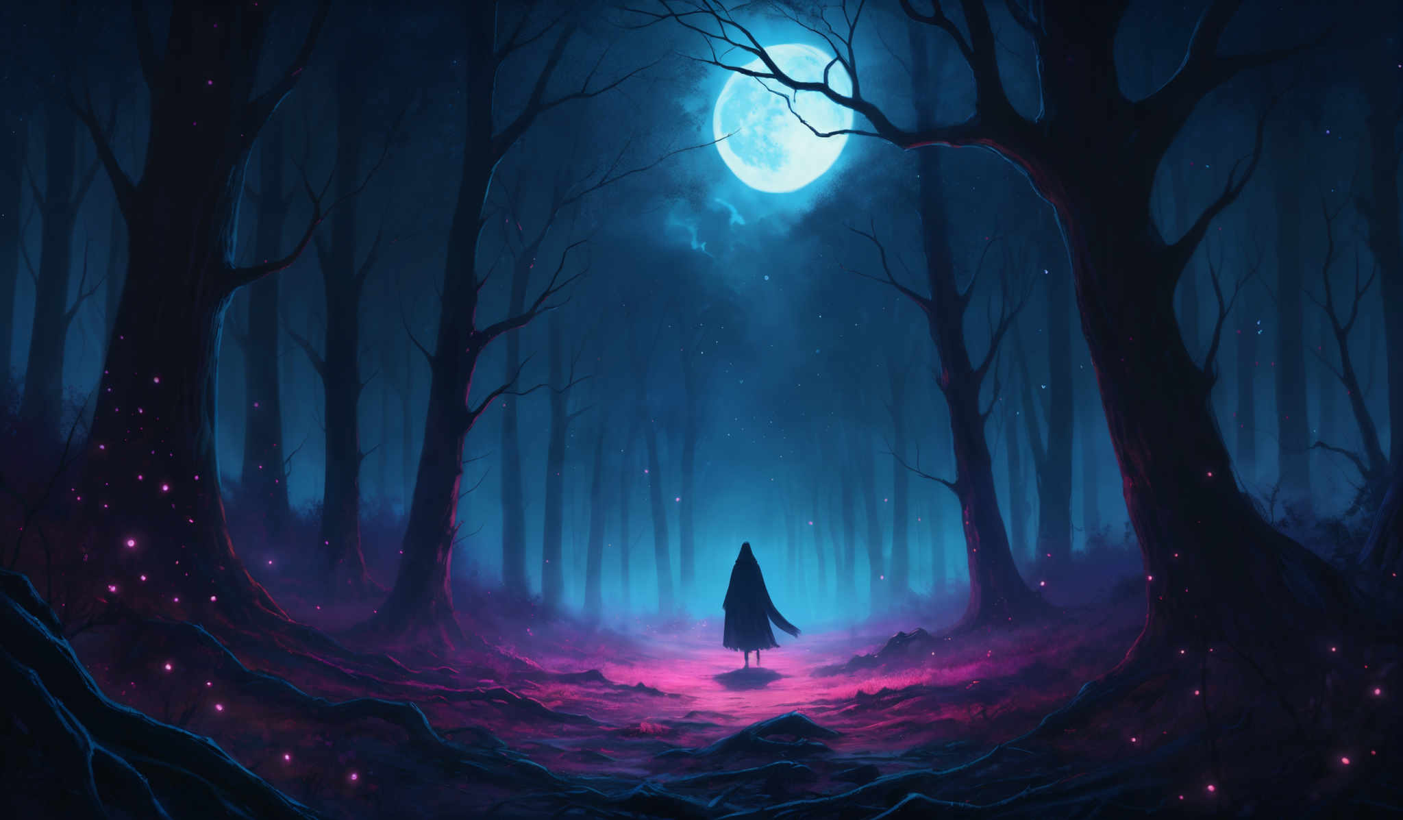 The image showcases a dark and mystical forest scene. The dominant colors are shades of blue, purple, and pink, creating a nocturnal ambiance. The forest is dense with tall, slender trees whose branches stretch out in various directions. The ground is covered with fallen leaves and twisted roots, and there are glowing pinkish-purple orbs scattered throughout, possibly representing fireflies or magical entities. A lone figure, draped in a cloak, stands in the center of the path, facing away from the viewer, adding an element of mystery to the scene. Above, a large, bright moon illuminates the forest, casting a soft glow on the surroundings.