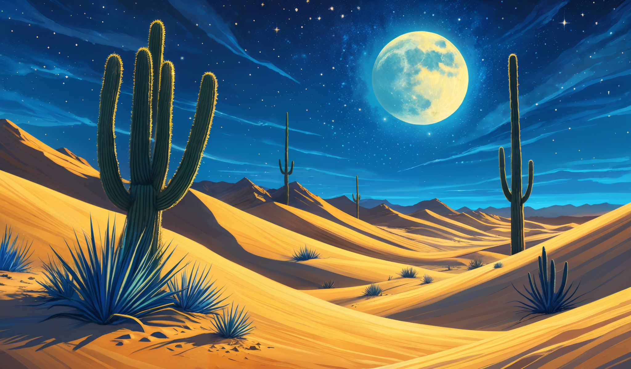 The image showcases a vibrant desert landscape under a starry night sky. Dominating the foreground are tall, slender cacti with multiple arms, each displaying a rich green hue. The ground is covered in golden sand dunes, which are illuminated by the soft glow of the moon. The sky is a deep blue, dotted with numerous stars, and is accentuated by swirling clouds. The moon itself is large and appears almost surreal, casting a soft light over the entire scene.