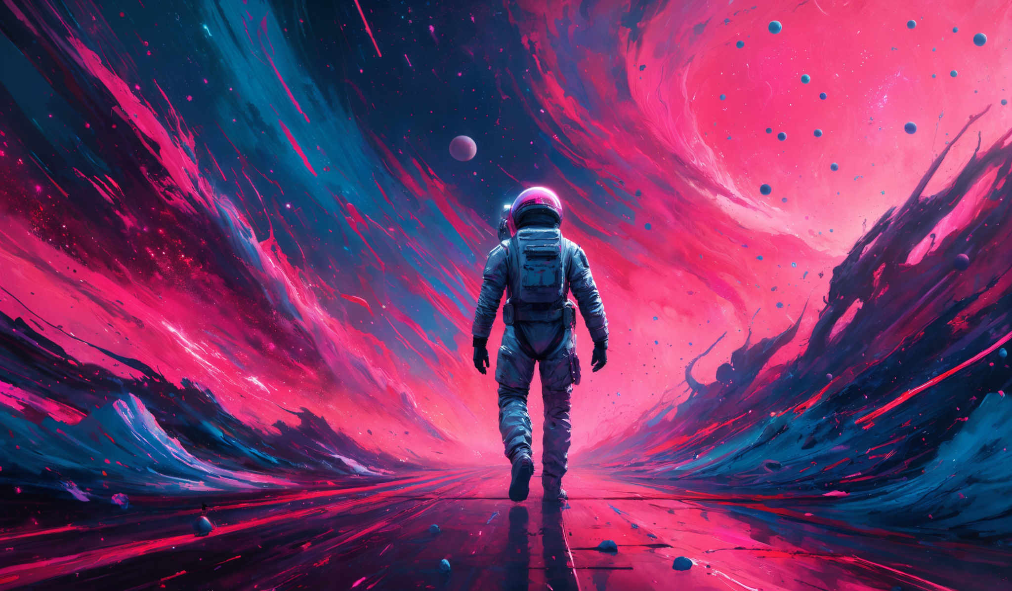 The image showcases a vibrant cosmic scene dominated by hues of pink, blue, and red. A lone astronaut, dressed in a spacesuit, stands with their back to the viewer, gazing into the vastness of space. The astronaut is positioned on a reflective surface, possibly a pathway or platform, that stretches out towards a swirling vortex of cosmic energy. Surrounding the astronaut are floating celestial bodies, possibly planets or moons, and the entire scene is illuminated by a radiant light source, creating an ethereal and otherworldly ambiance.