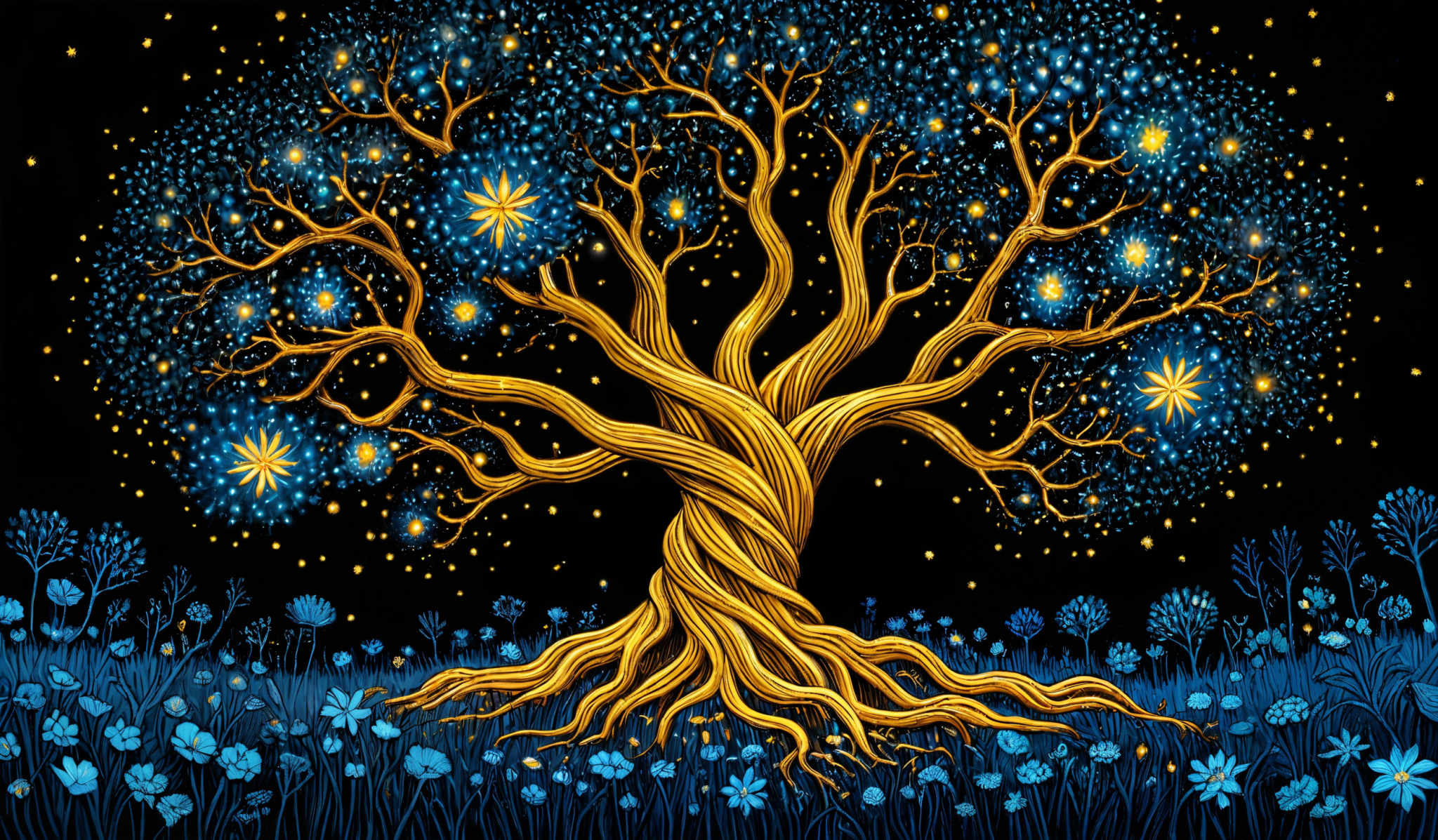 The image showcases a vibrant and intricate artwork of a tree. The tree has a golden-yellow trunk and branches, which are twisted and intertwined. The canopy of the tree is filled with blue leaves, each adorned with a shimmering star or flower-like pattern. The ground around the tree appears to be a field of blue flowers, with some of them illuminated, giving the impression of a night sky. The background is a deep black, which contrasts beautifully with the bright colors of the trees and flowers, making them stand out prominently.