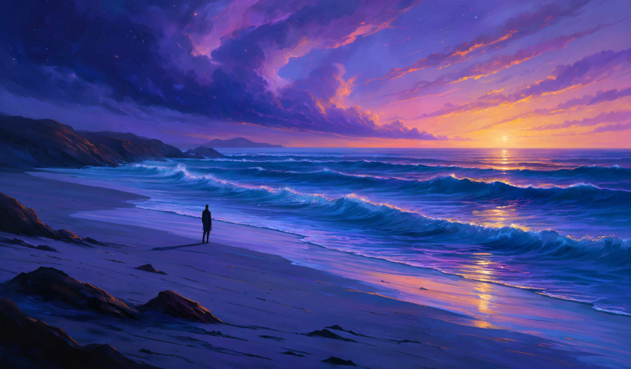 The image showcases a vibrant and dramatic seascape during what appears to be either sunrise or sunset. The sky is painted with hues of purple, pink, and orange, with dark, stormy clouds interspersed. The sun casts a golden glow on the horizon, reflecting its light onto the shimmering sea. Waves crash onto the shore, their white foam contrasting with the deep blue of the water. On the beach, there's a lone figure standing, looking out at the vast expanse of the sea. The silhouette of the person is sharp against the bright backdrop, emphasizing their solitude. The coastline is rugged with cliffs and rocky outcrops, adding depth and contrast to the scene.