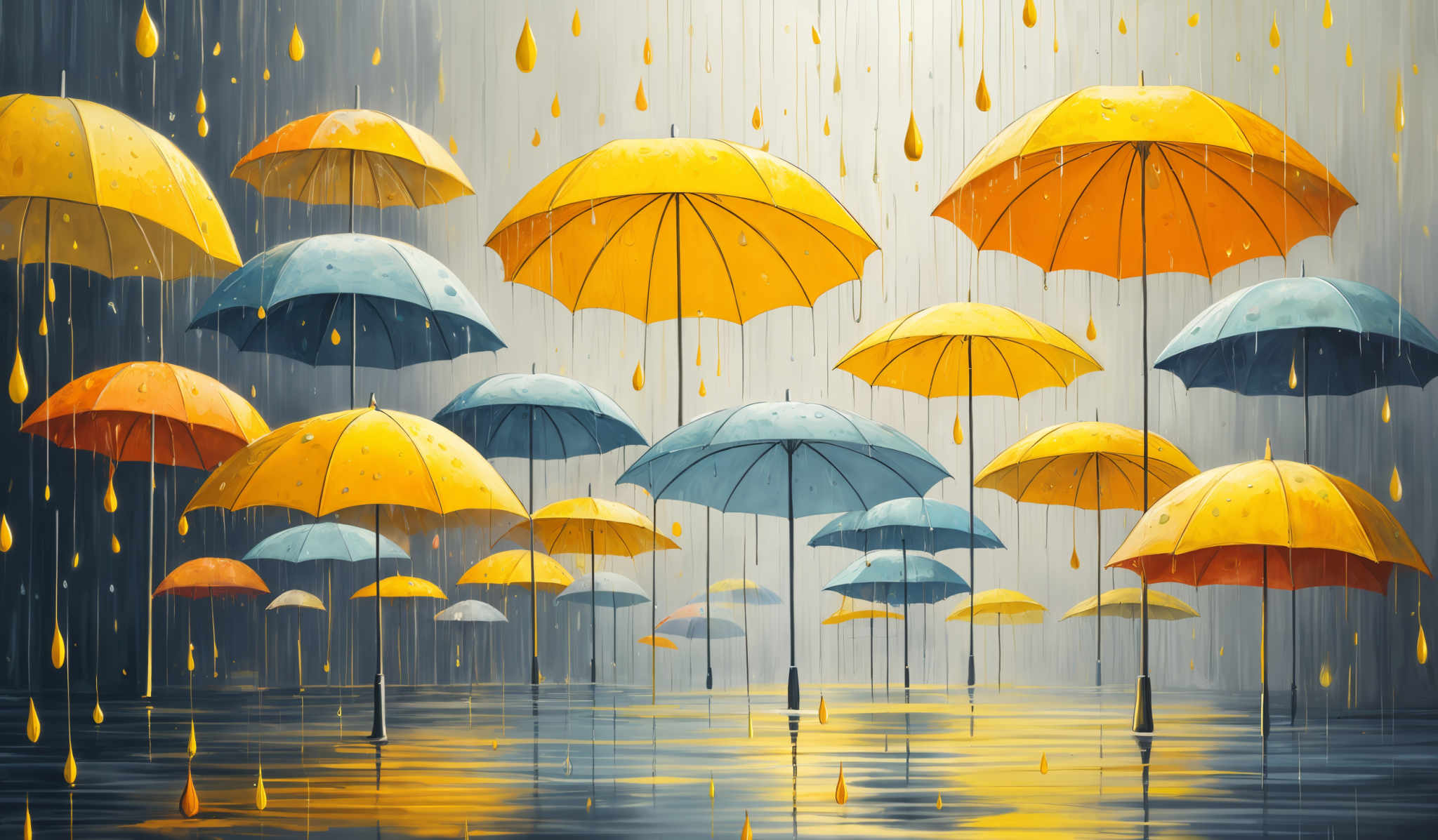 The image showcases a vibrant and colorful scene of multiple umbrellas floating in the air, set against a backdrop of rain. The umbrella canopies are predominantly in shades of orange and blue. The rain appears to be falling in golden droplets, creating a shimmering effect. The ground below is reflective, mirroring the colors of the umbreLLas and the rain, adding depth to the scene.