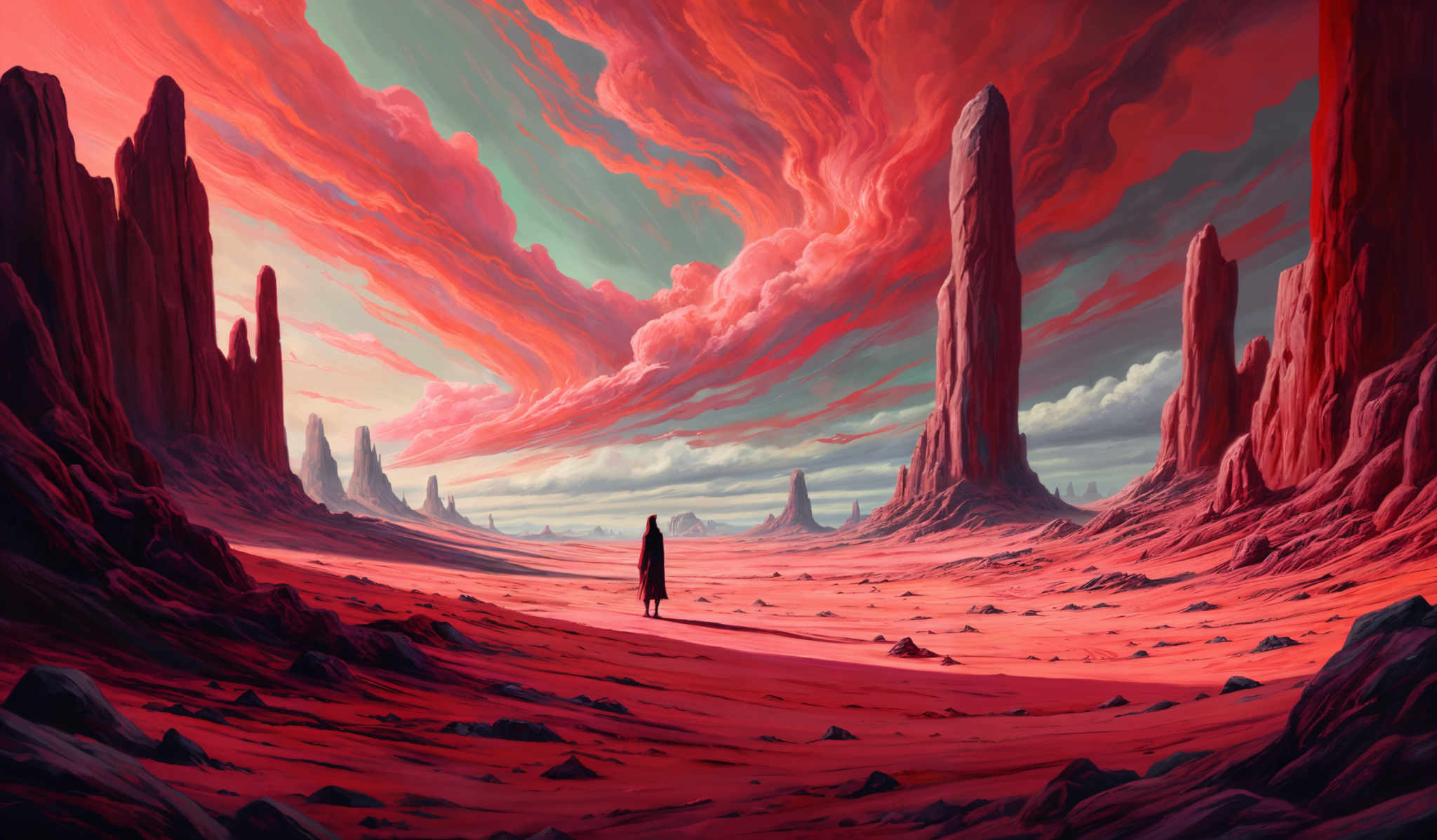 The image showcases a vast desert landscape with towering rock formations. The sky is dominated by swirling clouds of vibrant red and orange hues, contrasting with the cooler blues and whites of the distant horizon. The ground is a deep reddish-brown, interspersed with scattered rocks and debris. In the foreground, a lone figure stands, dwarfed by the grandeur of the surroundings, adding a sense of scale and solitude to the scene.