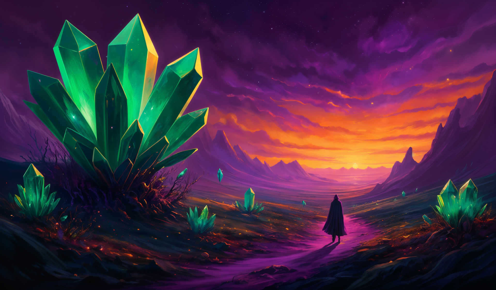 The image showcases a vibrant and surreal landscape. The dominant colors are deep purples, pinks, and fiery oranges, creating a contrast between the cool and warm tones. The landscape features towering green crystals that seem to emerge from the ground, with some smaller ones scattered around. A lone figure, draped in a cloak, stands on a pathway, gazing at the horizon where the sun is setting, casting a golden hue over the mountains and valleys. The sky is filled with swirling clouds, and there are tiny specks that might represent stars or distant galaxies.