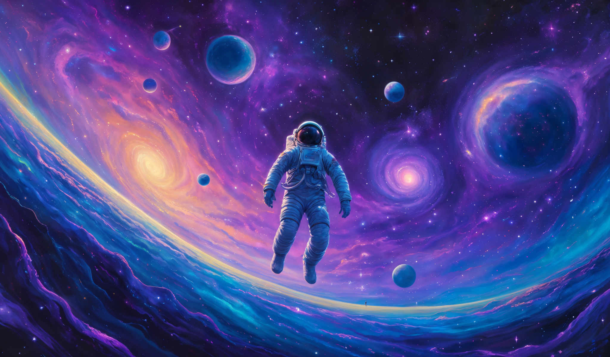 The image showcases a vibrant cosmic scene with a myriad of colors ranging from deep purples and blues to bright yellows and oranges. Dominating the center is an astronaut floating amidst a swirl of cosmic matter, surrounded by various celestial bodies like planets and stars. The swirling patterns in the background suggest a nebula or a galaxy in motion. The astronaut's suit is detailed, reflecting the surrounding light, and the helmet obscures the face, adding an element of mystery.