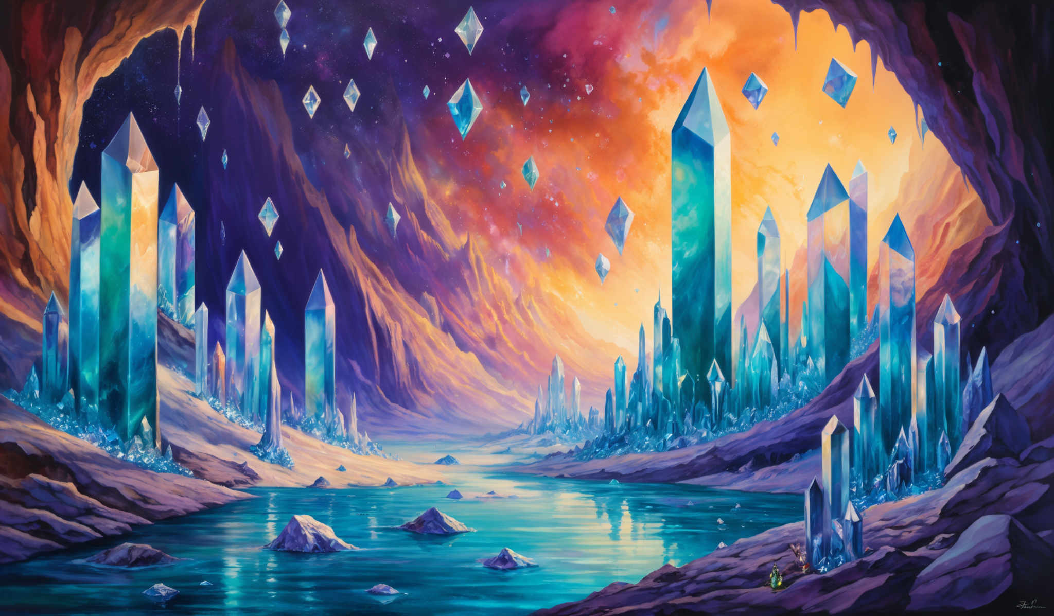 The image showcases a surreal landscape with towering crystal structures that resemble floating islands. These crystals are elongated and have a prism-like shape, emitting a luminescent blue glow. The background is a vibrant mix of purples, blues, and oranges, suggesting a cosmic or celestial setting. There are also smaller crystalline formations scattered around the base of the larger structures. A serene body of water flows through the scene, reflecting the colors of the sky and the glow of the crystalls. The overall ambiance is mystical and ethereal.