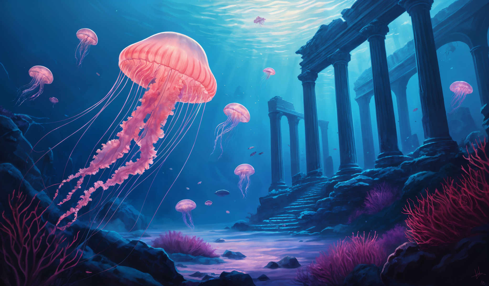 The image showcases a vibrant underwater scene. Dominating the foreground are several jellyfish, with their translucent bodies and long tentacles, exhibiting a radiant pink hue. In the background, there's an ancient underwater ruin, characterized by tall, pillar-like structures. The ruins are partially submerged, with some columns standing tall while others are crumbled. The water is a deep blue, and there are various marine plants, such as corals and seaweed, growing around the ruins. Sunlight filters through the water, casting a shimmering light on the scene and creating a serene ambiance.