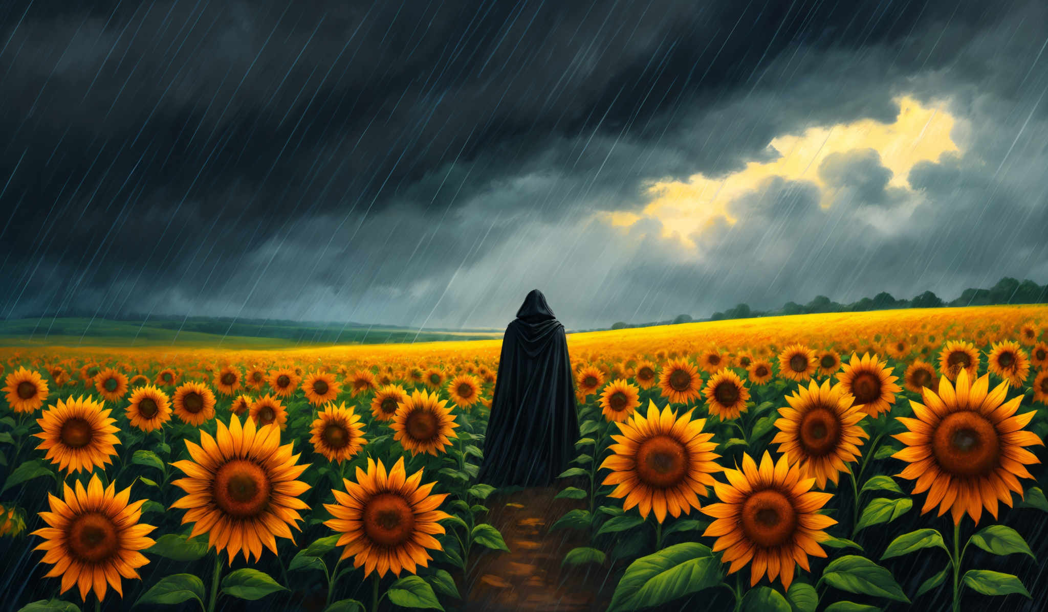 The image showcases a vast field of sunflowers with bright yellow petals and dark green leaves. The sky above is dramatic, filled with dark, heavy clouds, suggesting an impending storm. Rain is falling heavily, creating streaks across the image, and there's a sense of foreboding. In the foreground, a lone figure draped in a dark cloak stands amidst the sunflower field, facing away from the viewer, adding an element of mystery and contemplation to the scene.