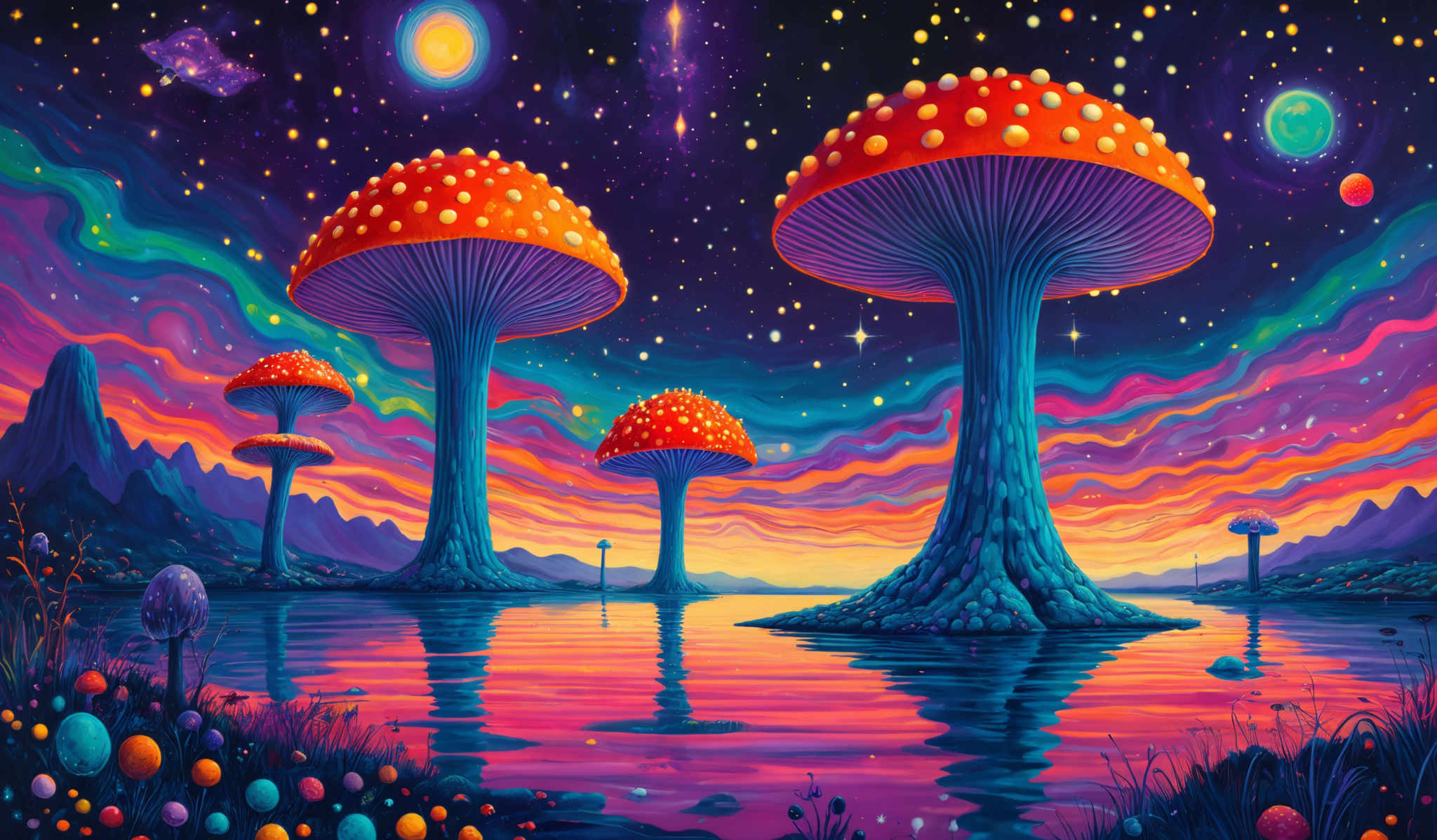 The image showcases a vibrant and surreal landscape. Dominating the scene are large, vividly colored mushrooms with red caps adorned with white spots. These mushroom-like structures stand tall, with their stems submerged in water, reflecting their vivid colors. The sky is painted in deep purples and blues, dotted with stars and celestial bodies. The horizon showcases an array of colors, transitioning from purples to oranges and reds, suggesting either a sunrise or sunset. The landscape is also dotted by smaller mushrots and colorful flowers, all under a starry night sky.