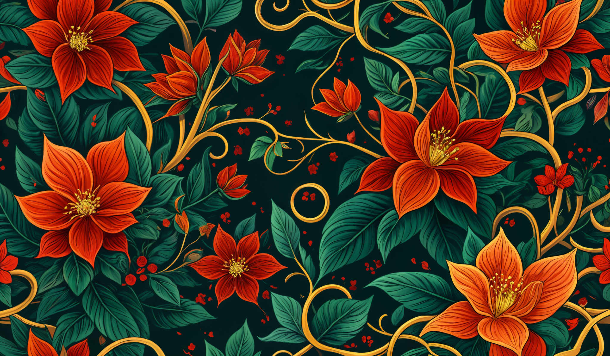 The image showcases a vibrant and intricate floral pattern. The dominant colors are deep green, rich red, and gold. The flowers are large, with petals that are predominantly red with hints of yellow at the center. The leaves are deep and lush green, intertwined with golden swirling patterns. There are also small red berries scattered throughout the design. The overall composition gives a feeling of a lush, tropical garden.