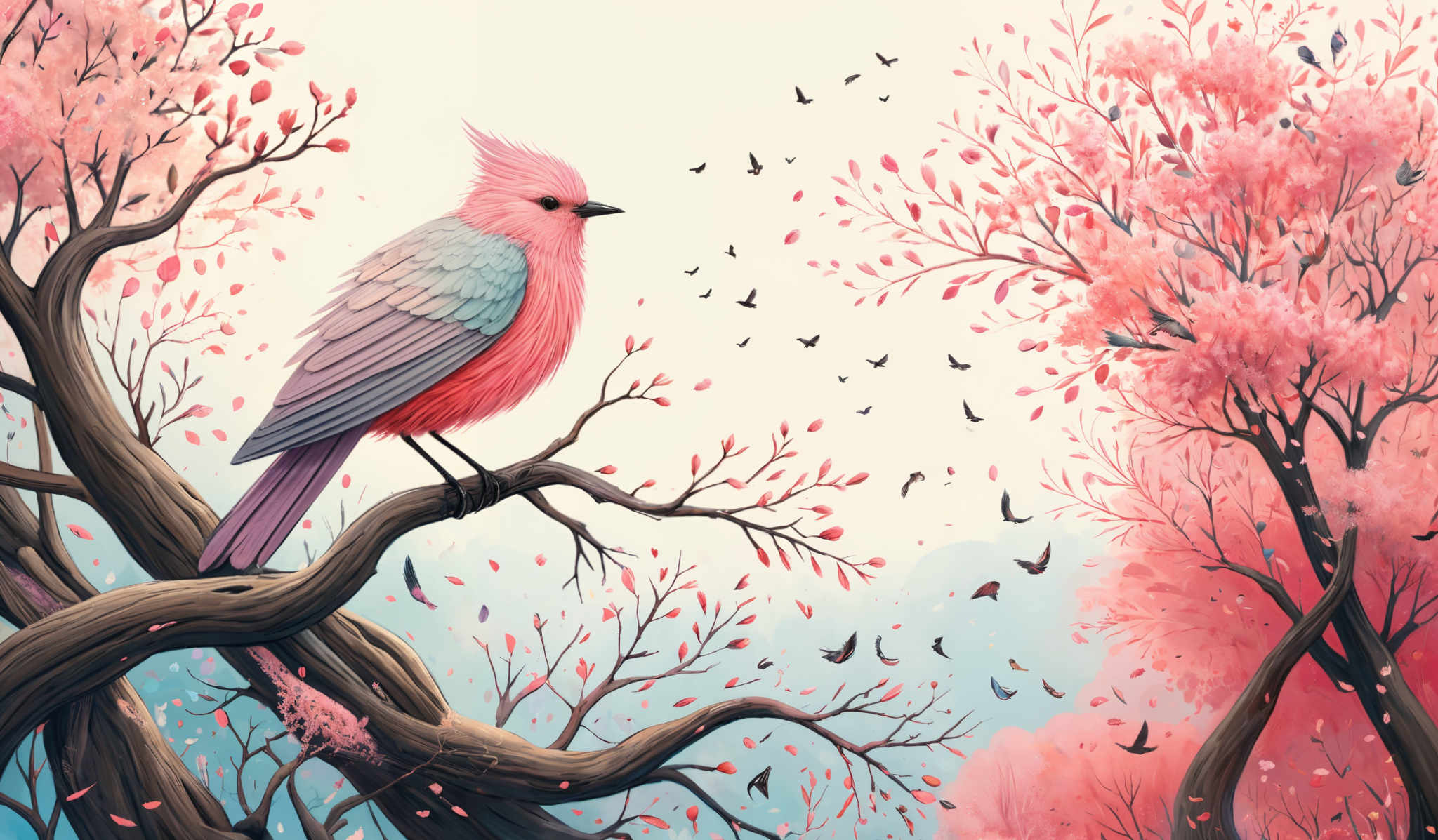 The image showcases a vibrant and colorful scene. The dominant colors are shades of pink, blue, and brown. A large bird with pink and blue feathers is perched on a twisted brown tree branch. The tree is adorned with pigmented pink blossoms, and there are smaller birds flying around. The background is a soft blue, possibly representing the sky, with a hint of white, possibly depicting clouds.