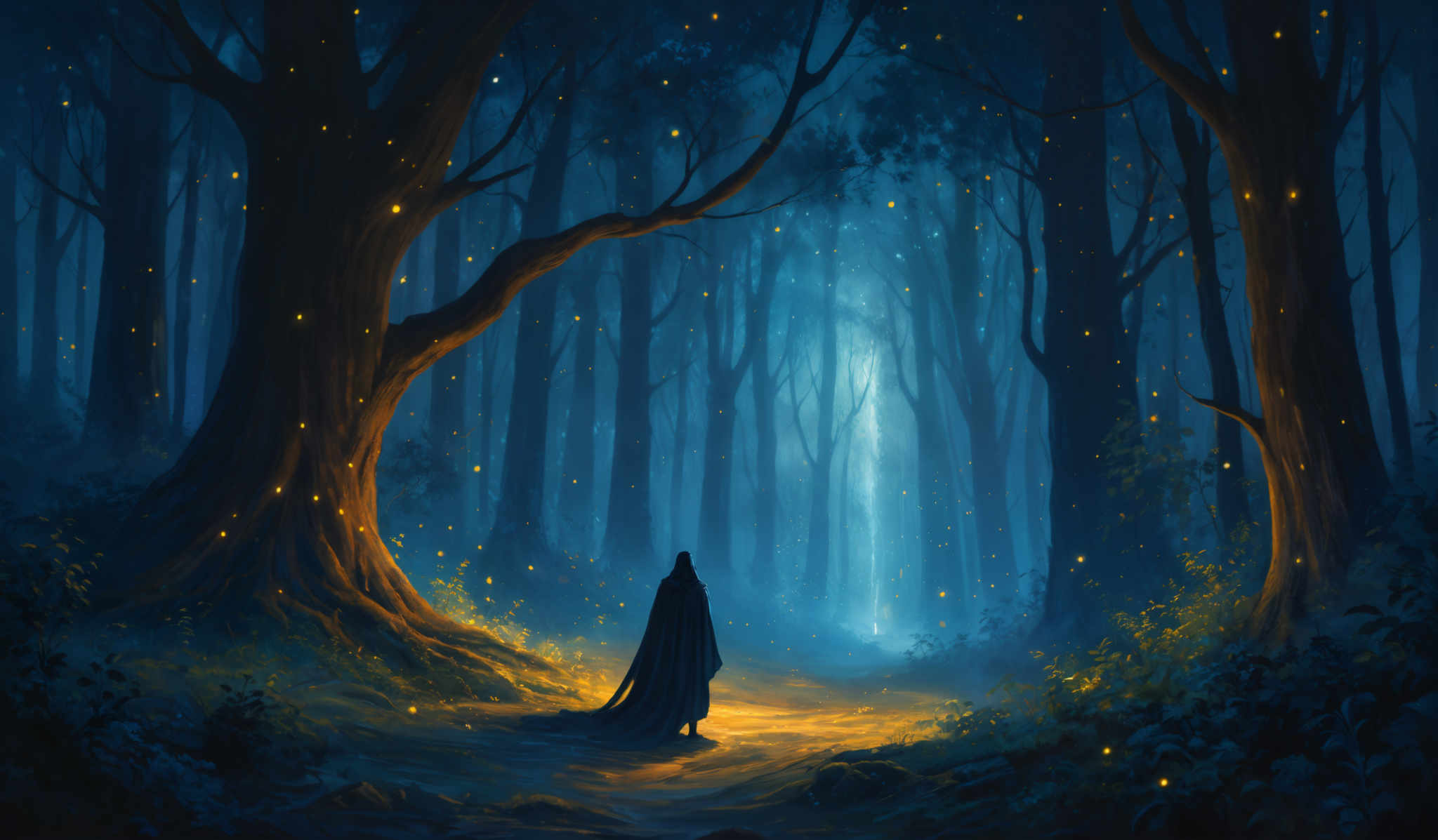 The image showcases a mystical forest with tall, slender trees whose branches stretch out in various directions. The ground is covered with lush green foliage and ferns. The sky above is a deep shade of blue, and there are numerous glowing yellow dots scattered throughout the scene, possibly representing fireflies or magical entities. A lone figure, draped in a cloak, stands in the center of the path, gazing into the distance. The overall ambiance of the image is serene, mysterious, and enchanting.