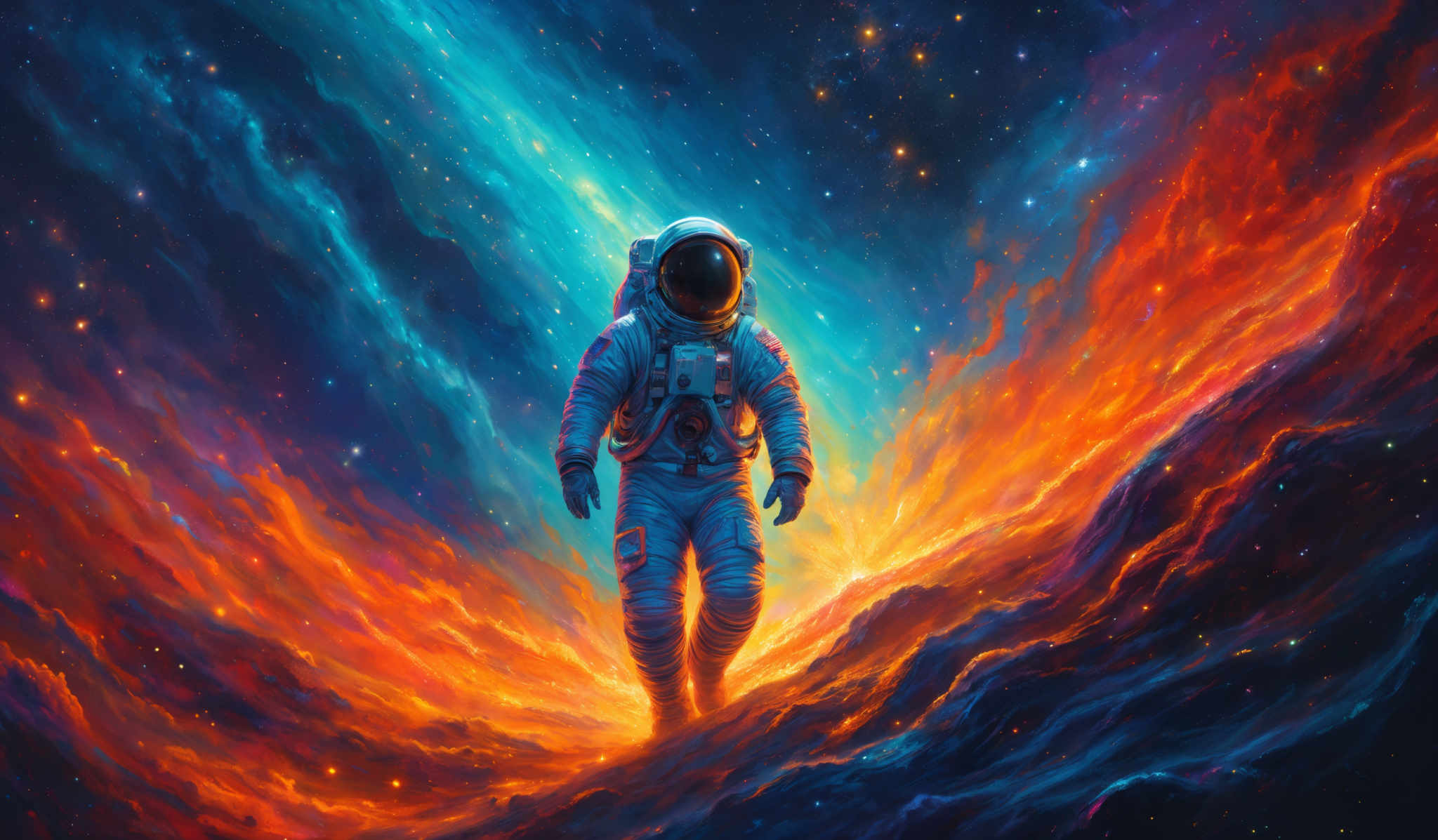 The image showcases a vibrant cosmic scene with swirling galaxies and nebulae. Dominating the foreground is an astronaut in a spacesuit, standing amidst a fiery, reddish-orange landscape that contrasts sharply with the cool blues and purples of the cosmos behind. The astronaut's suit is detailed with various equipment and the helmet obscures the face, adding an element of mystery. The background is a mesmerizing blend of deep blues, purples, and fiery oranges, with bright stars scattered throughout, creating a sense of vastness and wonder.