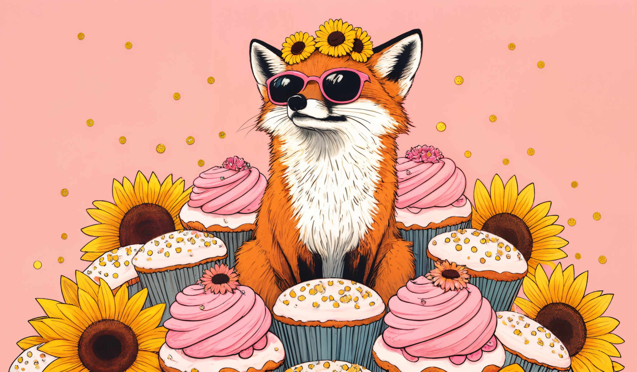 The image showcases a vibrant pink background. At the center, there's a fox with a fluffy white mane and tail, wearing pink sunglasses. The fox is adorned with a crown of sunflowers on its head. Surrounding the fox are several pink cupcakes with white frosting and gold sprinkles. Additionally, there are large yellow sunflower flowers with dark centers scattered around the foxtail.