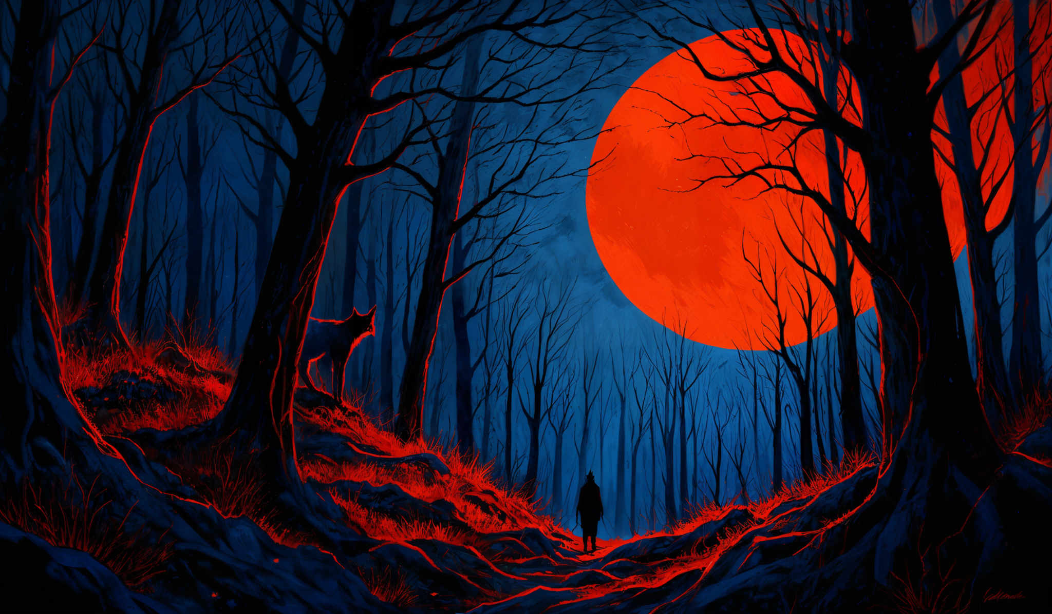 The image predominantly features a deep blue and fiery red color palette. The trees are tall and slender, with their branches extending outwards, creating a dense canopy. The ground is covered with what appears to be red grass or foliage, which contrasts starkly with the blue shadows cast by the trees. In the foreground, there's a silhouette of a person walking away from the viewer, and to the left, there is a silvery figure of a wolf or a similar creature. The large, glowing red moon or sun serves as a backdrop, casting a warm, fiery glow over the entire scene.