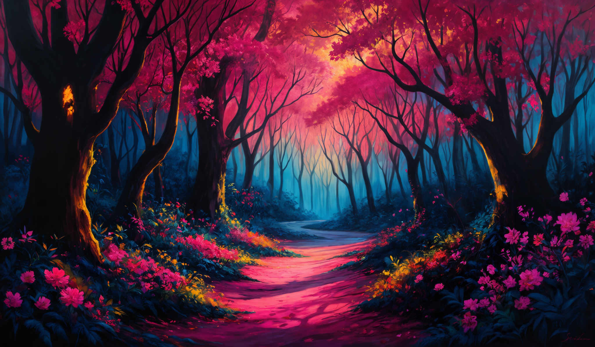 The image showcases a vibrant and colorful forest scene. The dominant colors are shades of pink, blue, and yellow. The trees have a tall and slender shape with branches that spread outwards. The ground is covered with a mix of pinks, yellows, and blues, possibly representing flowers or moss. A winding path is visible in the center, leading deeper into the forest, and it is illuminated with a warm, golden hue.