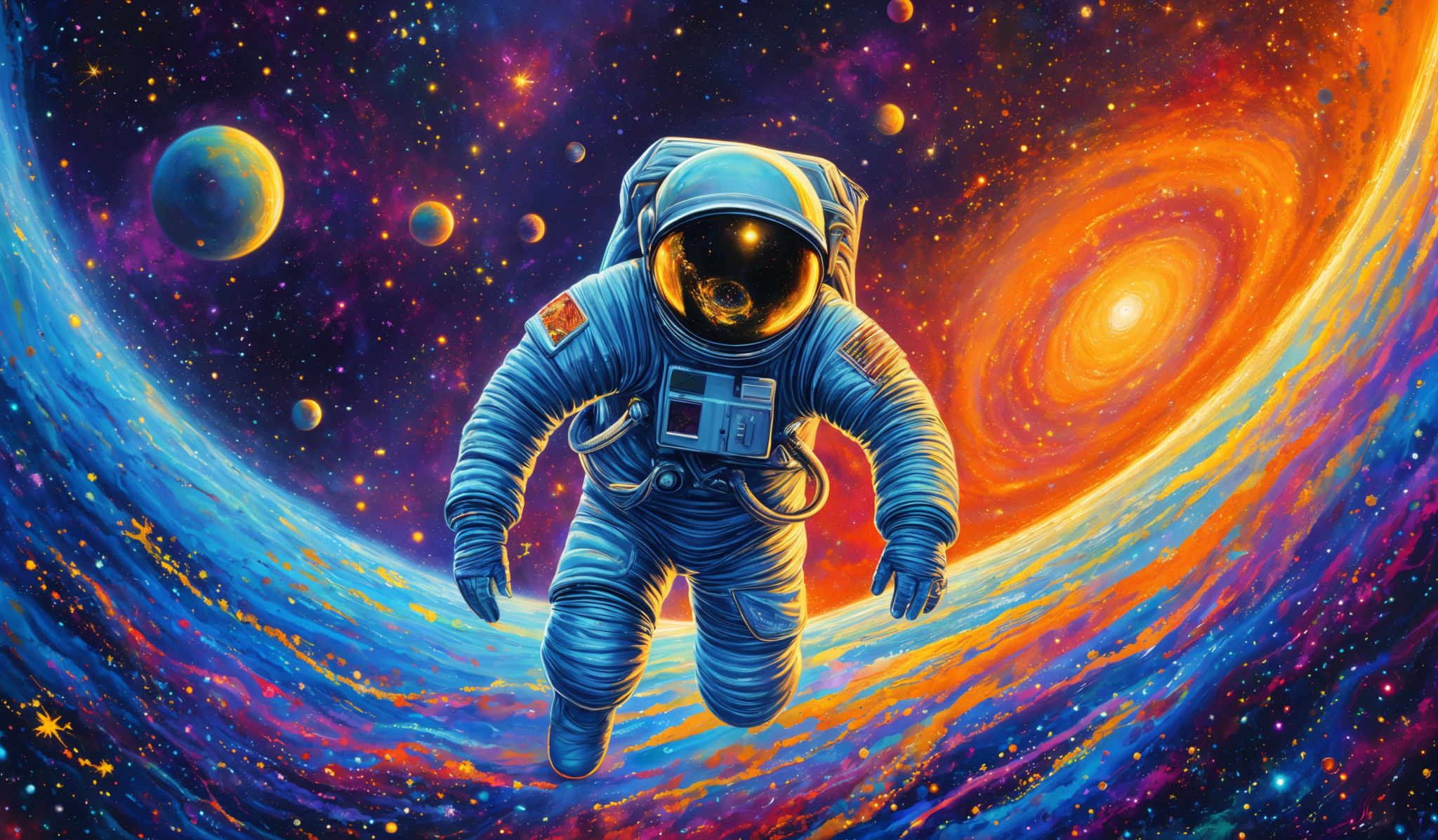 The image showcases a vibrant cosmic scene with a myriad of colors ranging from deep purples and blues to fiery oranges and reds. Dominating the center is an astronaut floating amidst the cosmos, equipped with a spacesuit and helmet. The astronaut's visor reflects a galaxy, adding depth and intrigue to the scene. Surrounding the astronaut are various celestial bodies, including planets and stars, set against a backdrop of swirling nebulas and cosmic energy.