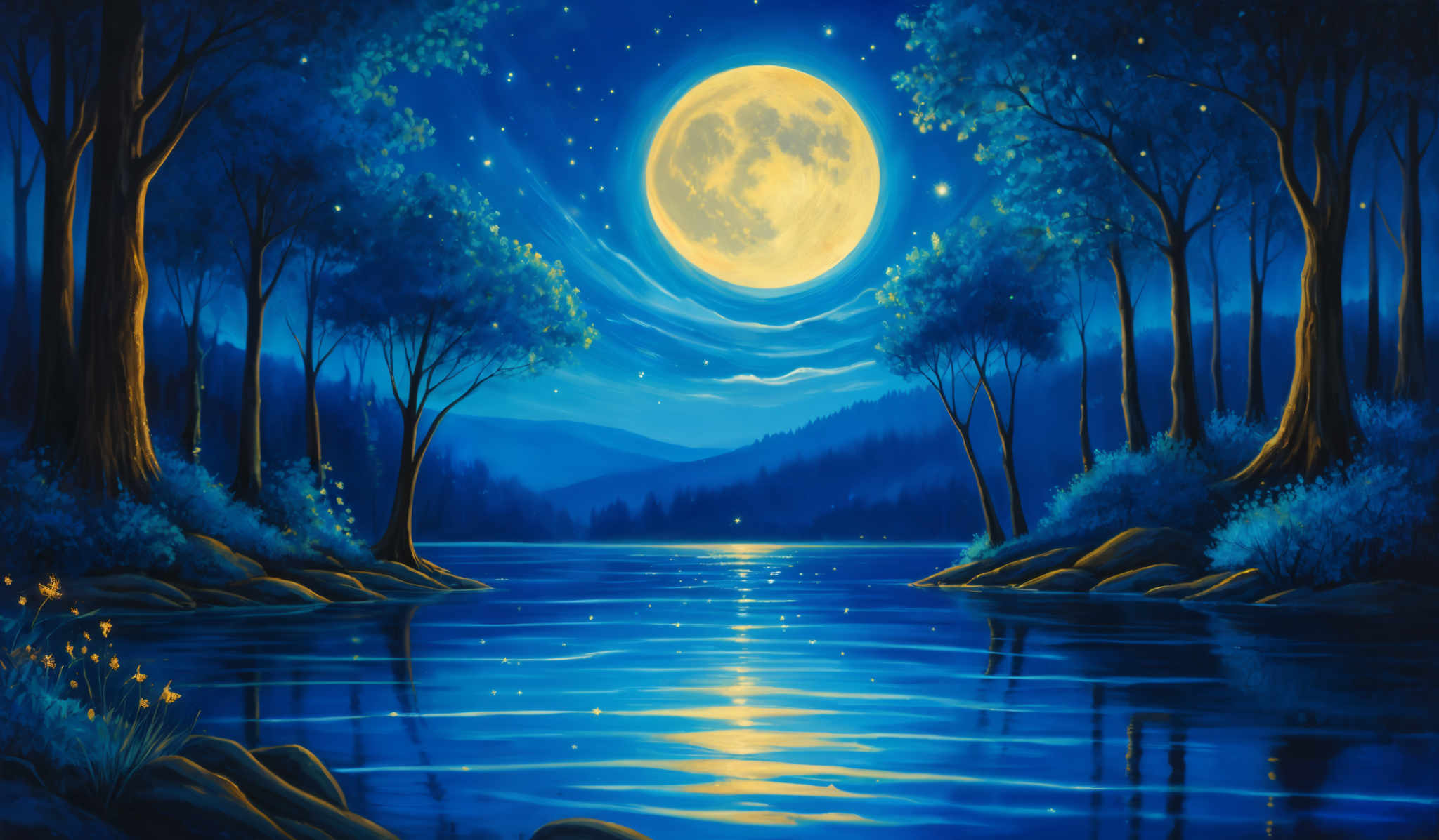 The image showcases a serene nighttime landscape. Dominated by shades of blue, it depicts a large, glowing moon illuminating the sky and reflecting its light on a calm body of water below. Tall trees with slender trunks stand on both sides of the water, their branches intertwining and casting shadows on the water's surface. The trees' foliage is depicted in varying shades, from deep blue to lighter hues, giving a sense of depth and dimension. The water itself is a mirror, reflecting the moon, stars, and the silhouettes of the trees. On the near bank, there are rocks and patches of greenery, and further in the distance, there's a hint of a forest or wooded area.