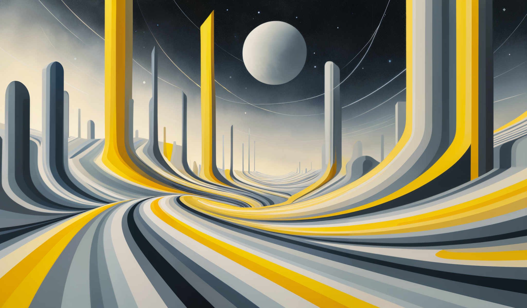 The image showcases a surreal and abstract landscape. Dominating the scene are tall, slender, yellow and gray structures that appear to be floating or suspended in the air. These structures have a sleek and modern design, with sharp edges and smooth surfaces. The ground is covered with winding, ribbon-like patterns in varying shades of gray, yellow, and white, creating a sense of movement and depth. Above the structures, there's a large, round white moon or planet, surrounded by a dark, starry sky. The overall color palette is a mix of cool blues, grays, and warm yellows, creating an otherworldly and dreamlike atmosphere.