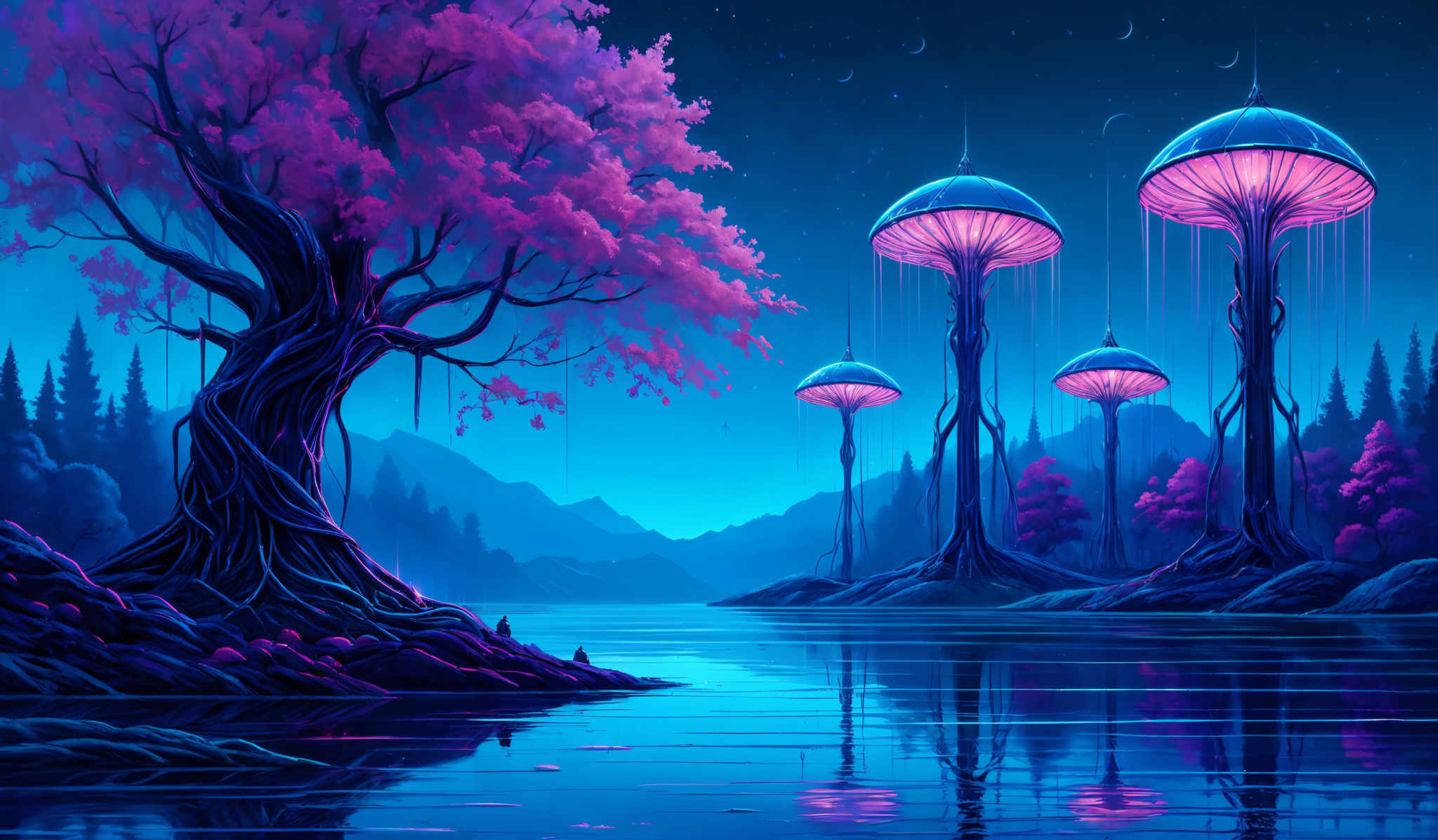 The image showcases a surreal landscape with vibrant colors. Dominating the scene are tall, mushroom-like structures with a translucent dome that glows in a soft pink hue. These structures are set against a backdrop of a serene blue lake, reflecting their luminescence. On the left, there's a large, twisted tree with pink blossoms, its roots sprawling out onto the lake's edge. The sky is a deep blue, dotted with crescent moons and stars, adding to the dreamlike atmosphere. The landscape is also adorned with pine trees in the distance, silhouetted against the night sky.