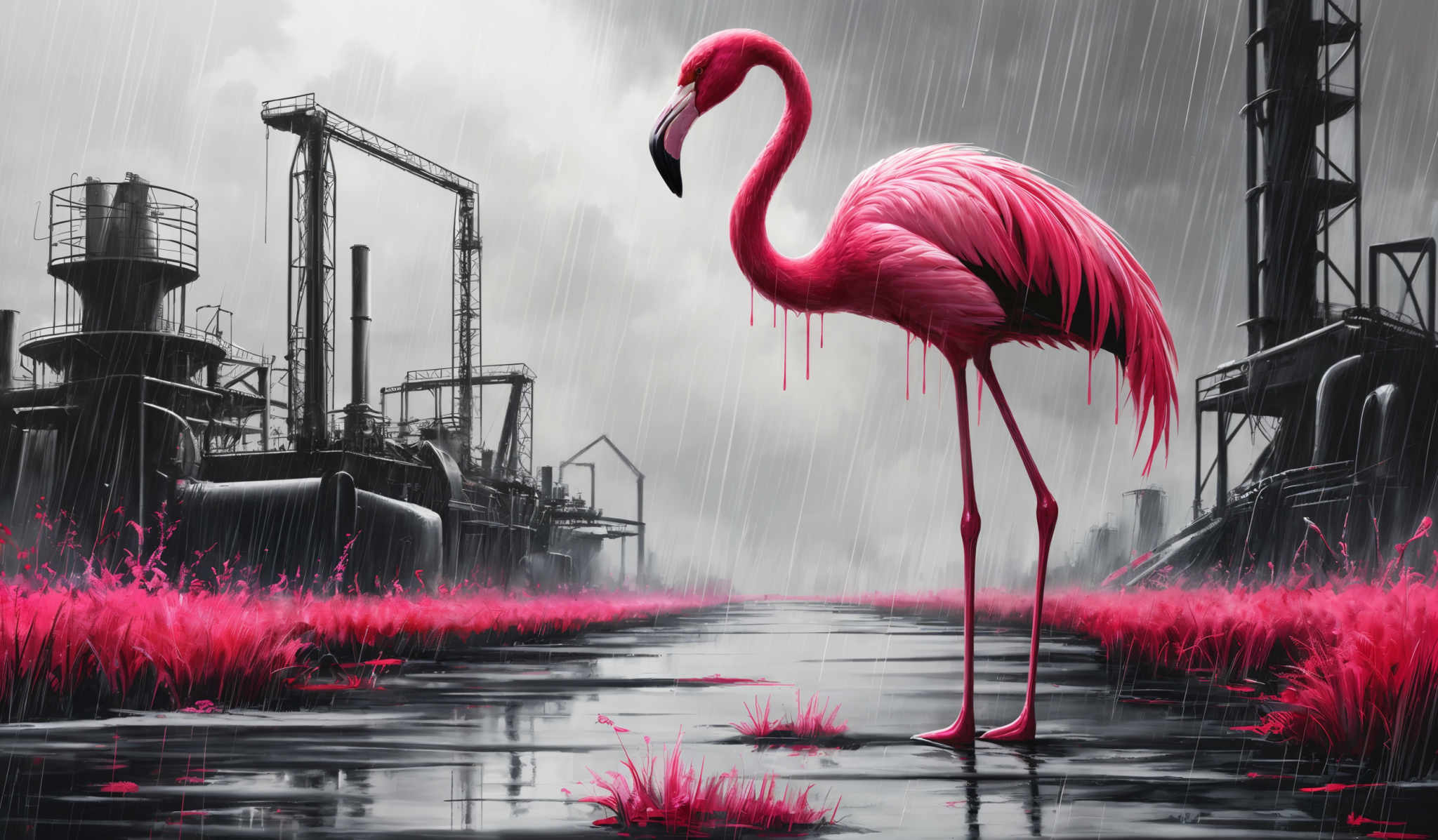 The image showcases a vibrant pink flamingo standing in a wet, reflective area surrounded by pink vegetation. In the background, there's an industrial setting with tall structures, possibly factories, and rain is falling. The sky is overcast, adding a somber tone to the scene.