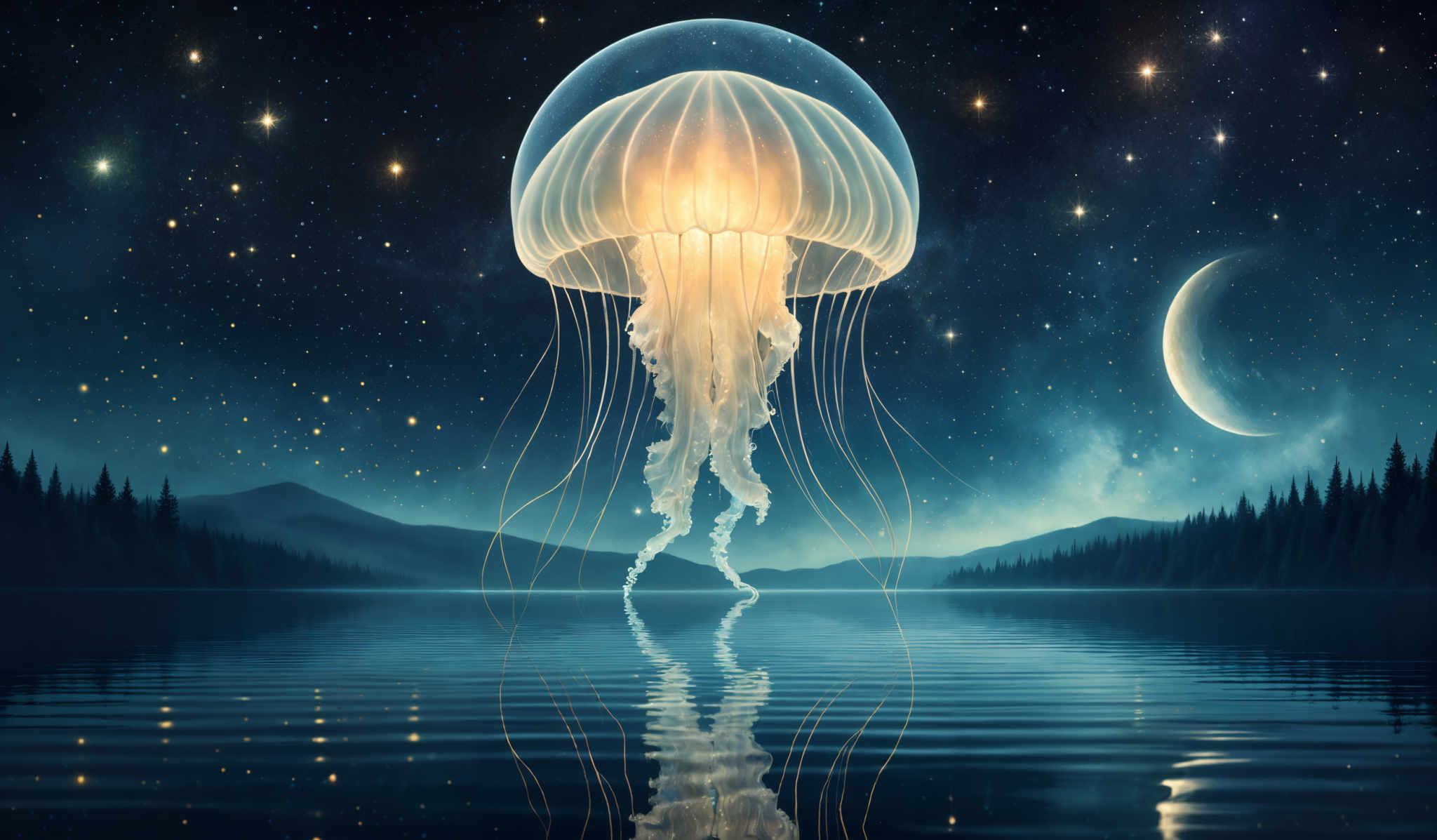 The image showcases a mesmerizing nighttime scene. The dominant color is a deep blue, representing the night sky filled with stars. A prominent jellyfish, illuminated from within, floats gracefully above a serene body of water. The jelly fish has a translucent, almost glass-like appearance with an ethereal glow emanating from its center. Its tentacles flow downwards, creating a delicate pattern in the water. In the background, there's a silhouette of a mountain range, and above it, the sky is dotted with twinkling stars. To the right, there is a crescent moon, adding to the dreamy ambiance. The water below reflects the jellyfish and the surrounding landscape, creating an almost mirror-like effect.