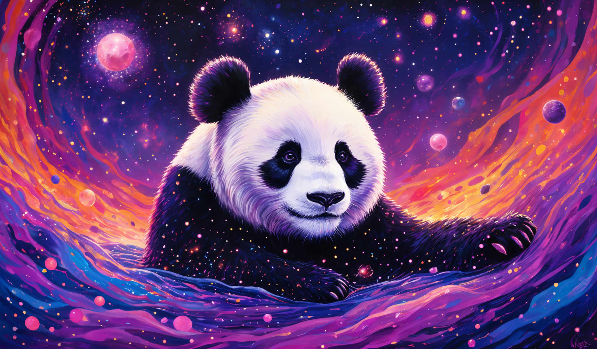 The image showcases a vibrant and colorful cosmic background with swirling patterns of purple, blue, and orange. Dominating the center is a panda, which appears to be floating amidst the cosmic swirls. The panda is portrayed in a detailed manner, with its black and white fur, expressive eyes, and outstretched limbs. Surrounding the panda are various celestial elements, such as stars, planets, and a glowing pink moon. The overall ambiance of the image is dreamy and ethereal, blending the familiar with the fantastical.