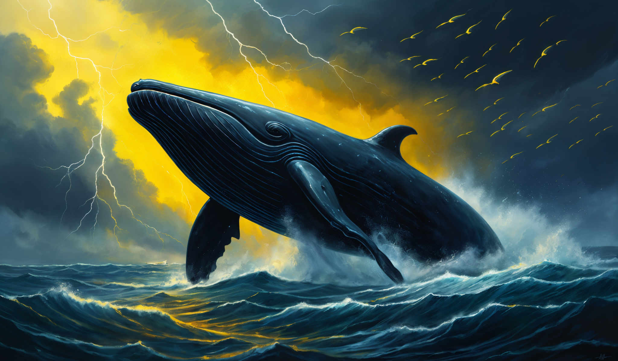 The image showcases a majestic whale breaching the turbulent waters. The whale is predominantly dark blue with intricate white patterns on its body. The waters around the whale are a deep shade of blue, contrasting with the golden-yellow hue of the lightning in the background. The sky is a mix of dark storm clouds and bright sunlight, creating a dramatic atmosphere. There are also birds flying in the distance, adding to the scene's dynamism.