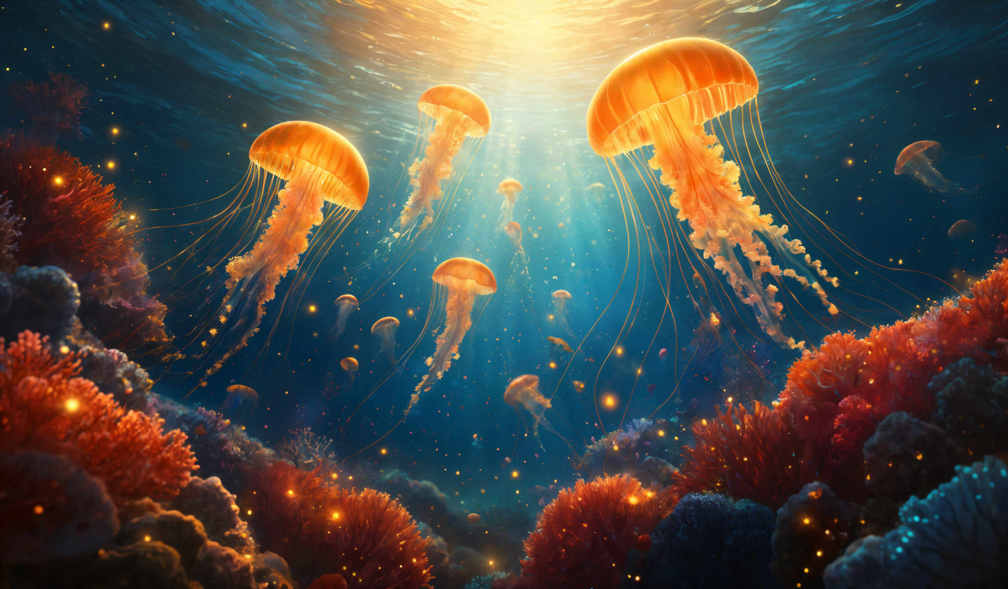 The image showcases a vibrant underwater scene. The dominant colors are shades of blue, representing the vastness of the ocean, and warm hues of orange and red, representing a lively coral reef. The shape of the image is reminiscent of a jellyfish, with multiple translucent, umbrella-shaped creatures floating gracefully in the water. The coral formations are intricate, with various shapes and sizes, and they emit a soft glow, possibly from bioluminescence. The entire scene is illuminated by a radiant light source from above, casting a shimmering reflection on the water's surface.