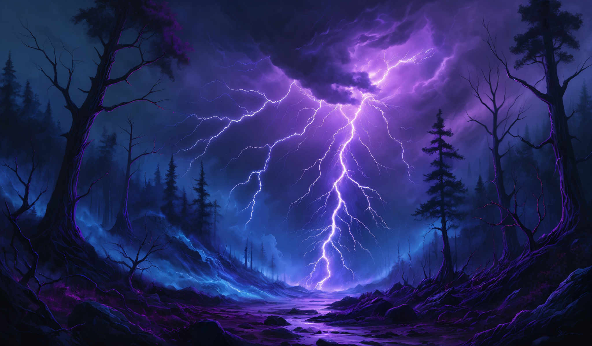 The image showcases a vibrant and dramatic scene of a forest during a storm. The dominant colors are shades of purple, blue, and white, creating a surreal and ethereal atmosphere. The sky is filled with dark, stormy clouds from which a powerful lightning bolt strikes down, illuminating the forest below. The trees, both leafless and with a few remaining leaves, are tall and twisted, adding to the eerie ambiance. The ground is strewn with rocks and puddles, reflecting the light from the lightning. The overall mood of the image is intense, capturing the raw power and beauty of nature.