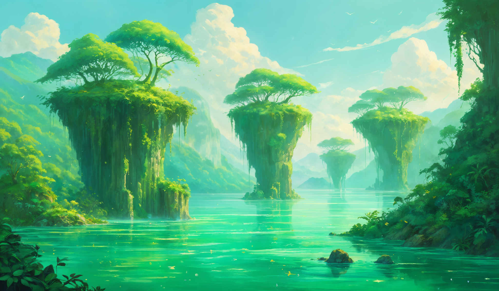 The image showcases a serene and picturesque landscape. Dominating the scene are tall, slender rock formations that rise from the water, topped with lush green vegetation. These formations resemble islands or floating land masses. The water is a vibrant shade of turquoise, reflecting the sky above. The sky is painted with fluffy white clouds and a hint of blue, suggesting a clear day. Birds can be seen flying in the distance, and there are small details like water lilies floating on the surface. The entire scene exudes a sense of tranquility and natural beauty.