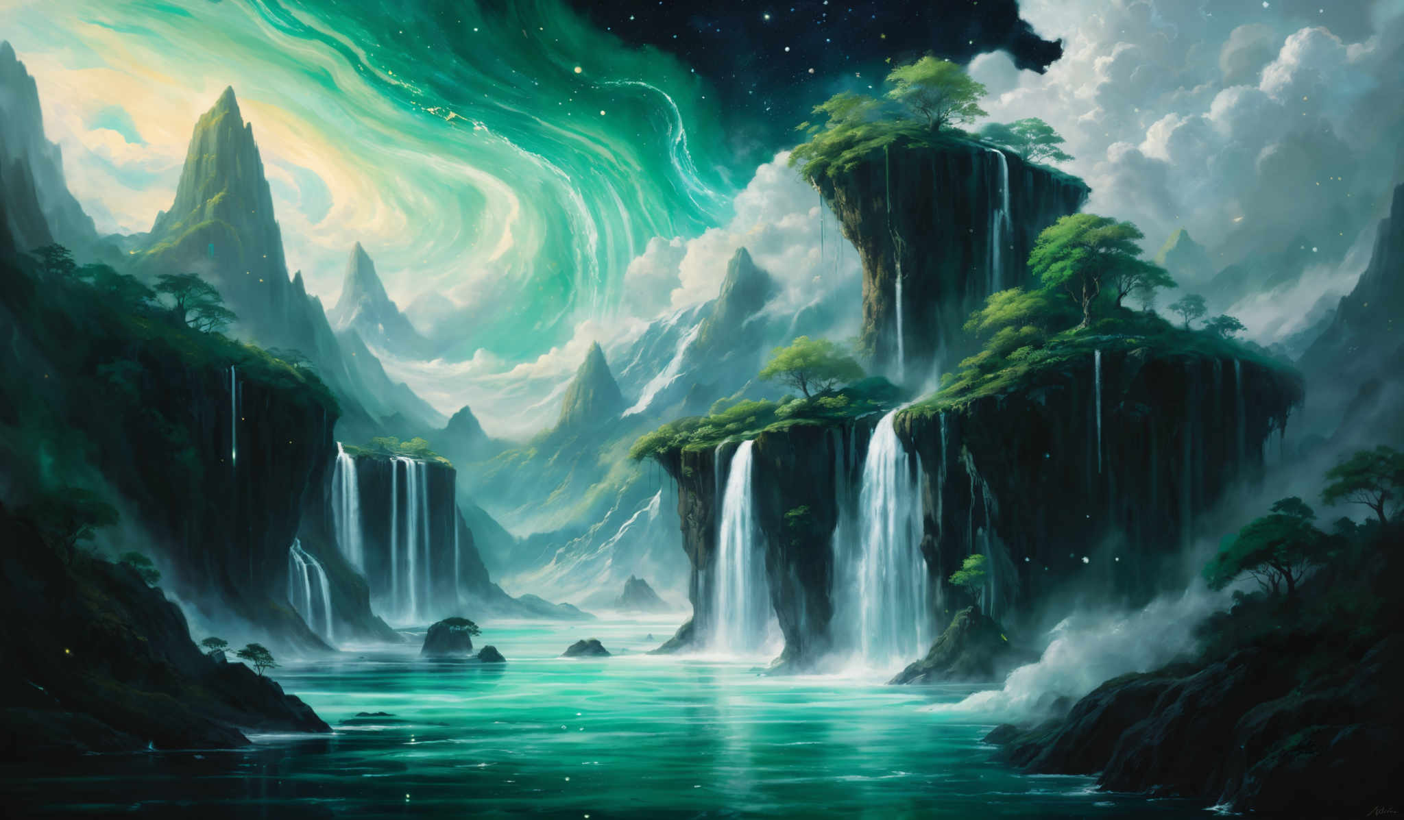 The image showcases a breathtaking landscape with towering cliffs and waterfalls cascading down into a serene river. The sky is painted with swirling green and yellow hues, suggesting a mystical or otherworldly atmosphere. The cliffs are adorned with lush green vegetation, and the river reflects the colors of the sky. The overall scene is both serene and awe-inspiring, with the interplay of light and shadow adding depth and dimension.